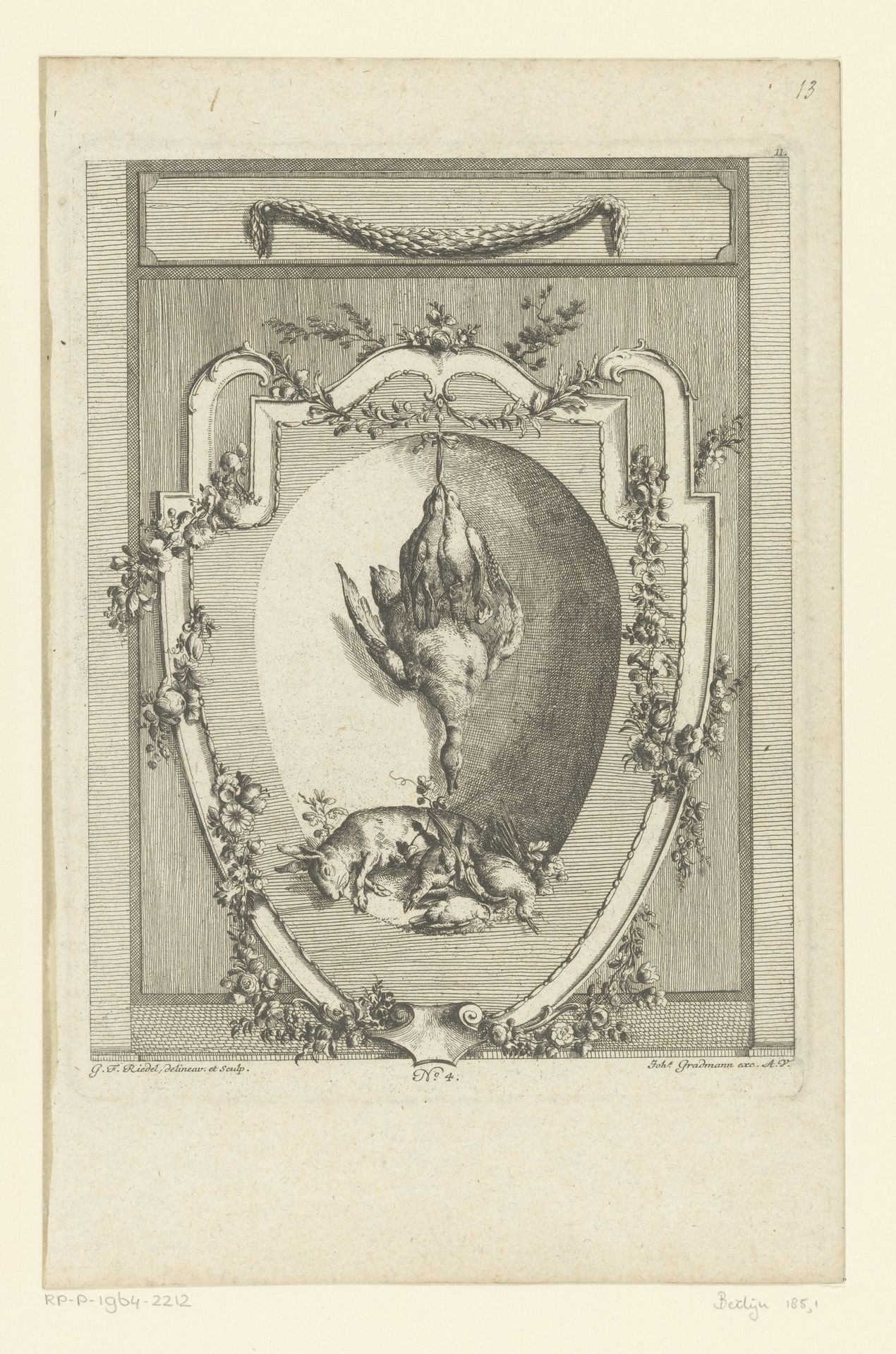 Omlijsting met jachtbuit by Gottlieb Friedrich Riedel