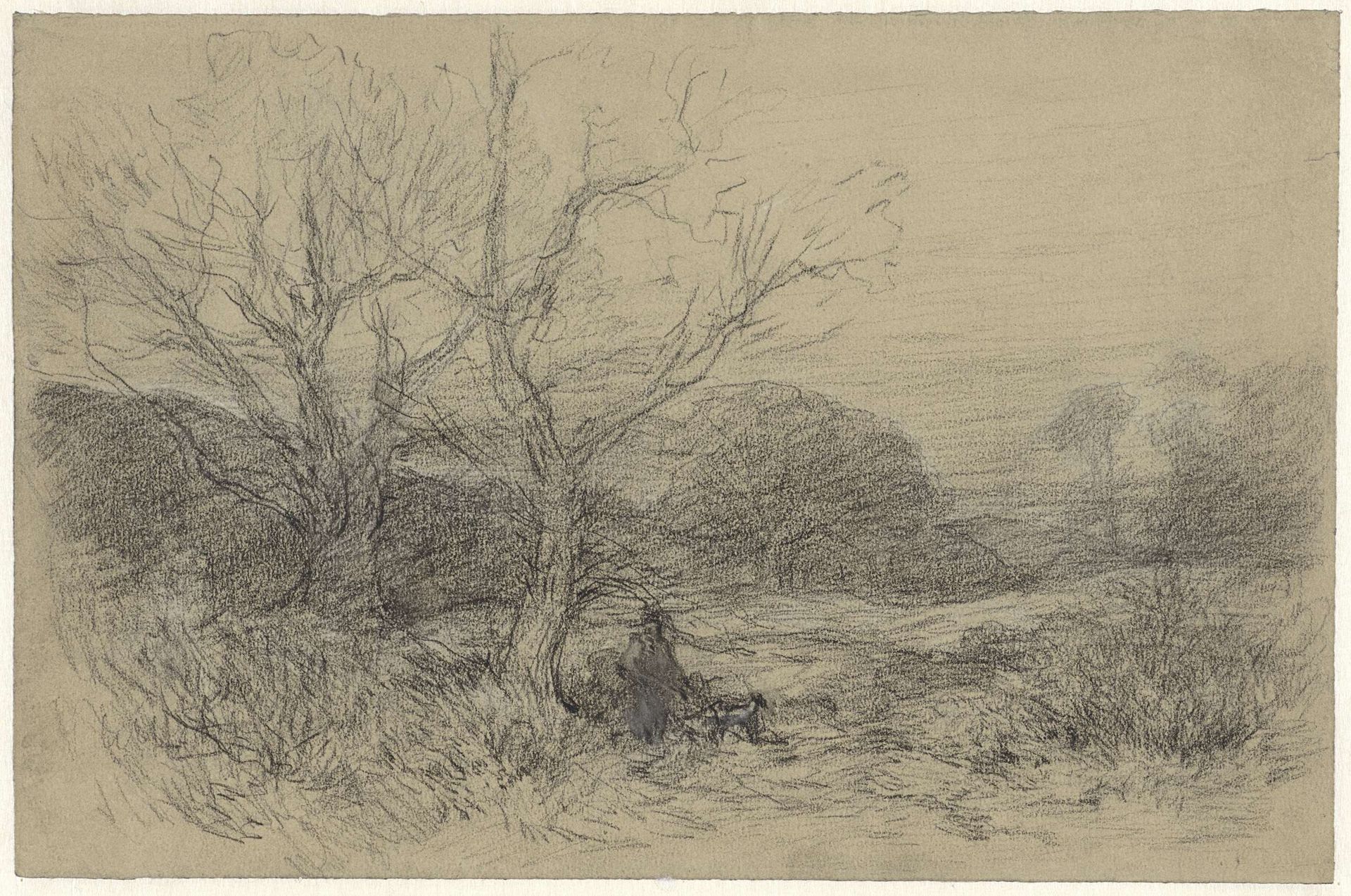 Landschap met wandelaar met hond by Egbert Rubertus Derk Schaap