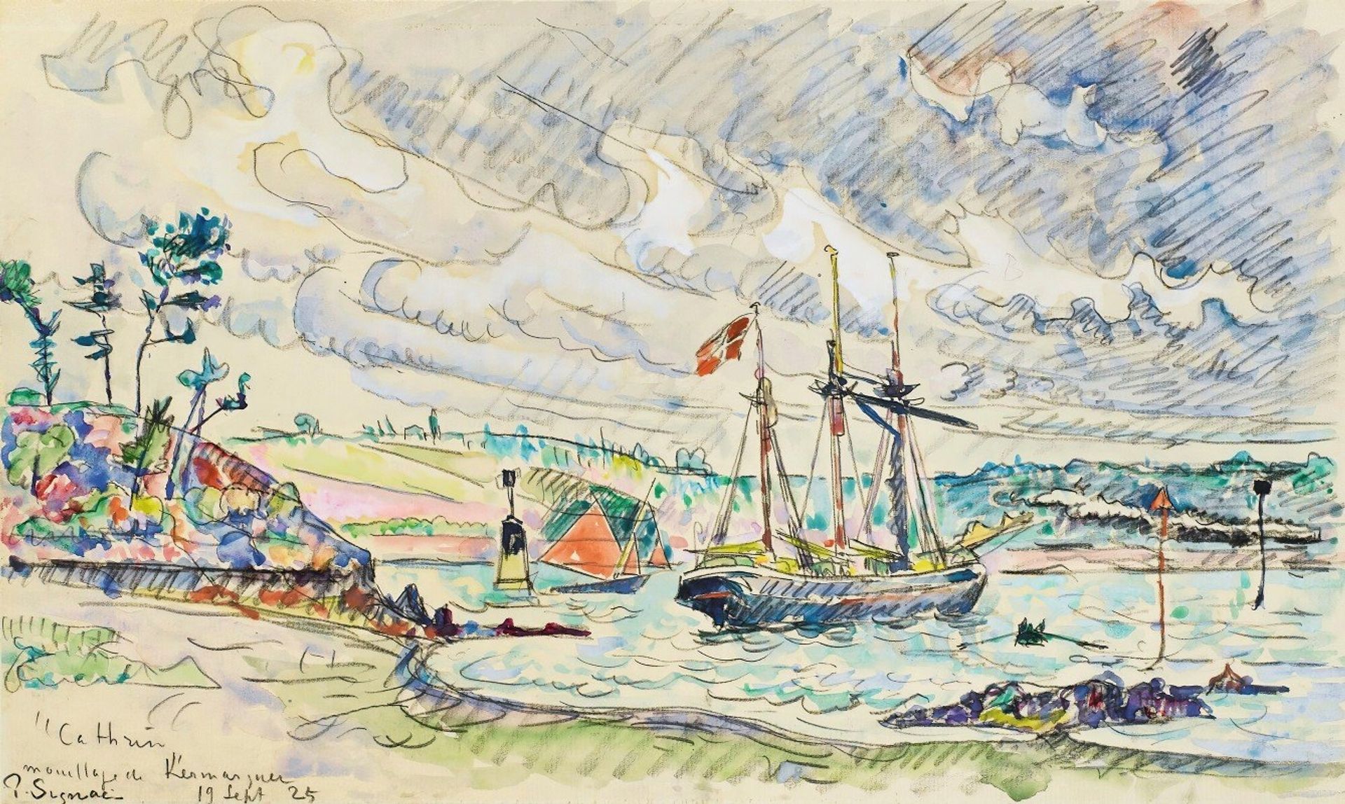 Cathrin À L’ancre, Mouillage De Kermarquer by Paul Signac