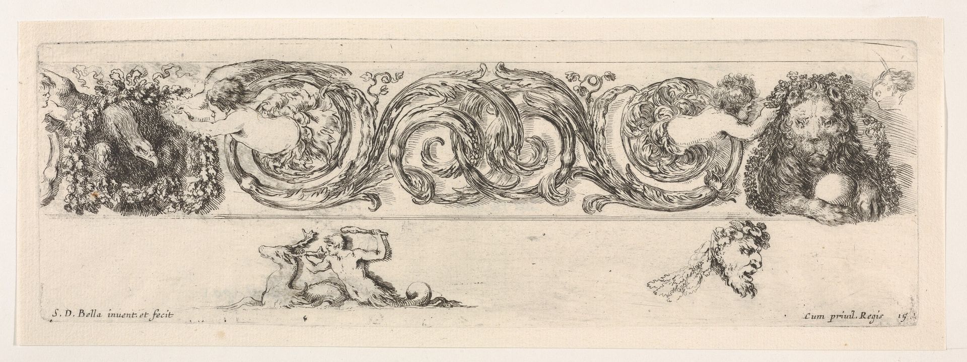 Design for a Frieze with Acanthus Scrolls and Two Small Figural Motifs Below, Plate 15 from: 'Decorative friezes and foliage' (Ornamenti di fregi e fogliami) by Stefano della Bella