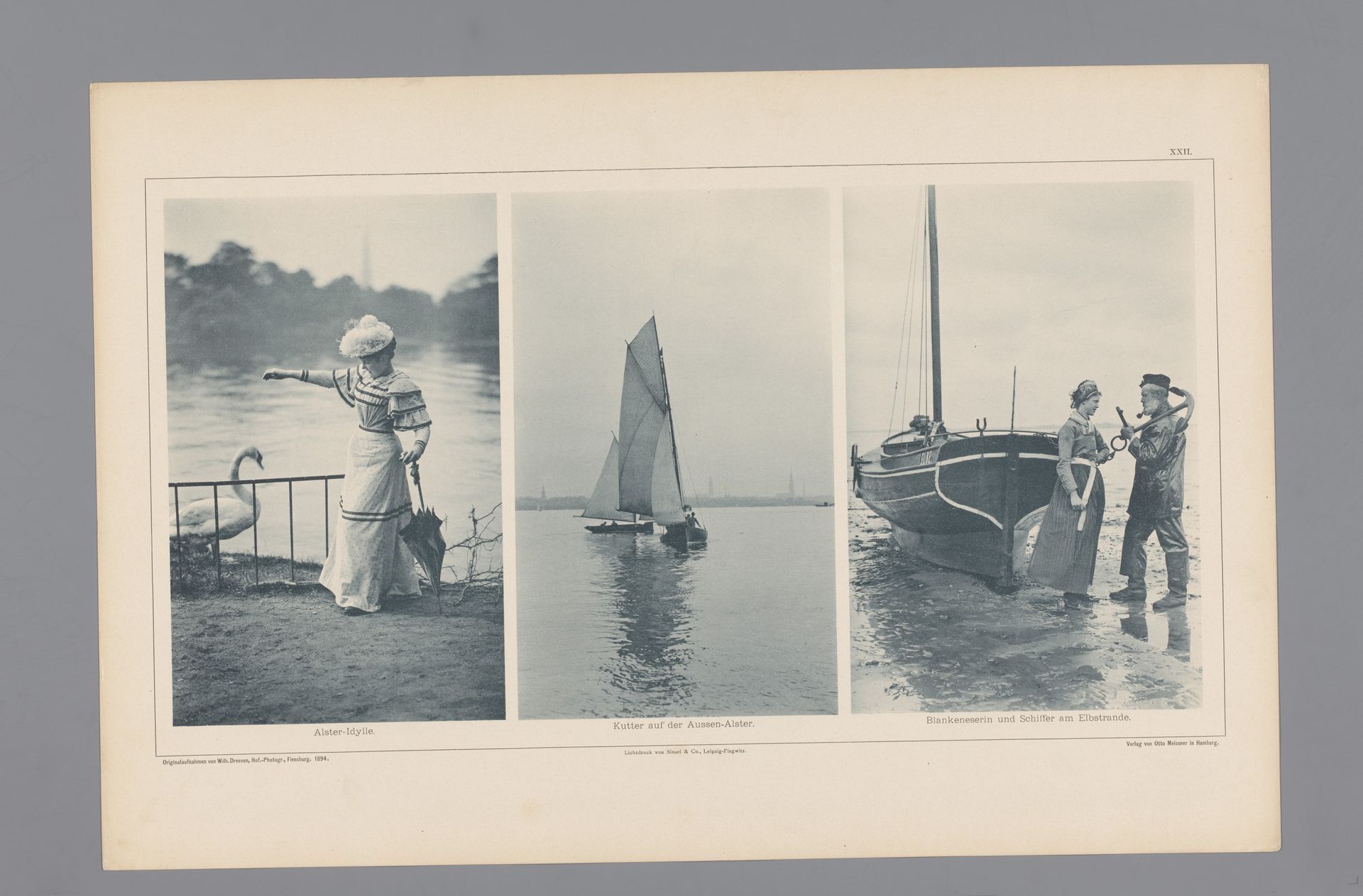 Drie afbeeldingen van een vrouw die een zwaan voert, een zeilboot en een schipper en een vrouw voor een zeilboot op de oever van de Elbe by Wilhelm Dreesen