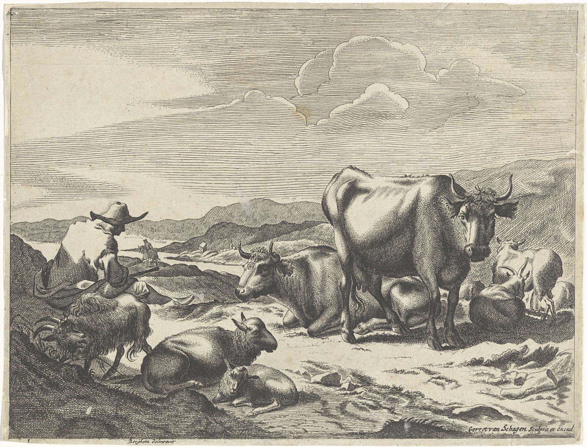 Herder met geiten, schapen en koeien by Gerrit Lucasz van Schagen
