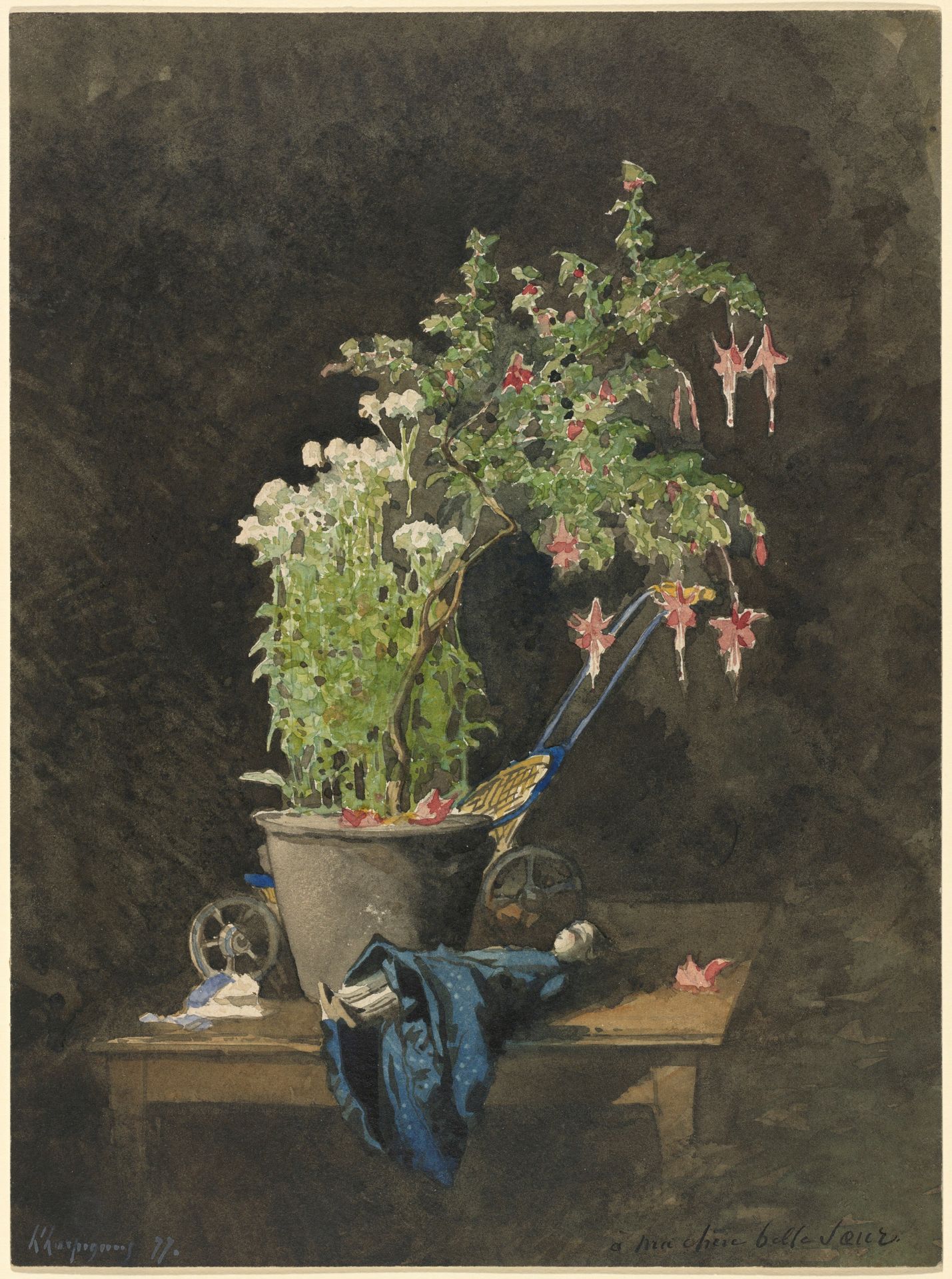 A Potted Fuchsia with Children's Toys by Henri-Joseph Harpignies