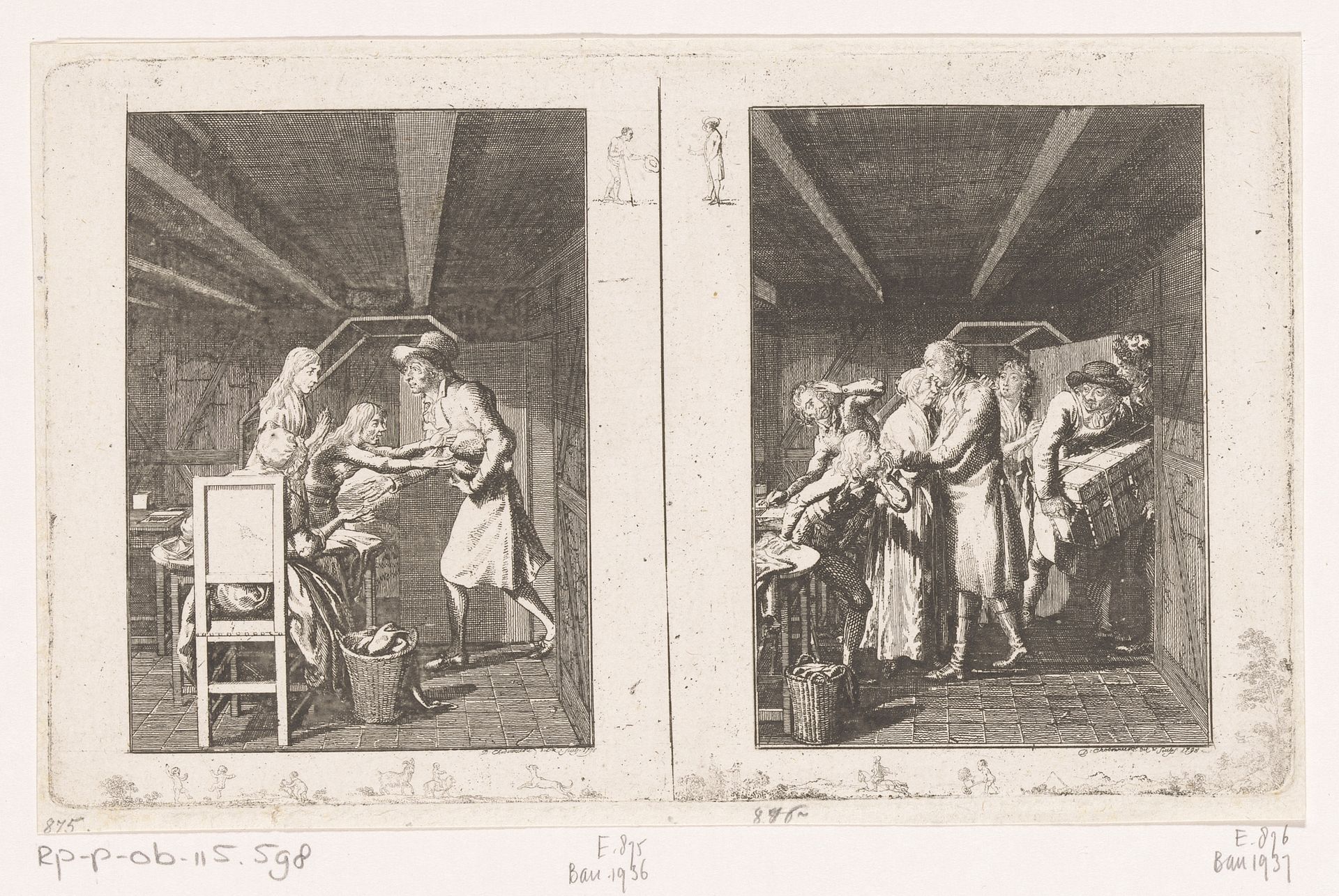 Twee voorstellingen uit Familie Hellmuth van Hiemer by Daniel Nikolaus Chodowiecki