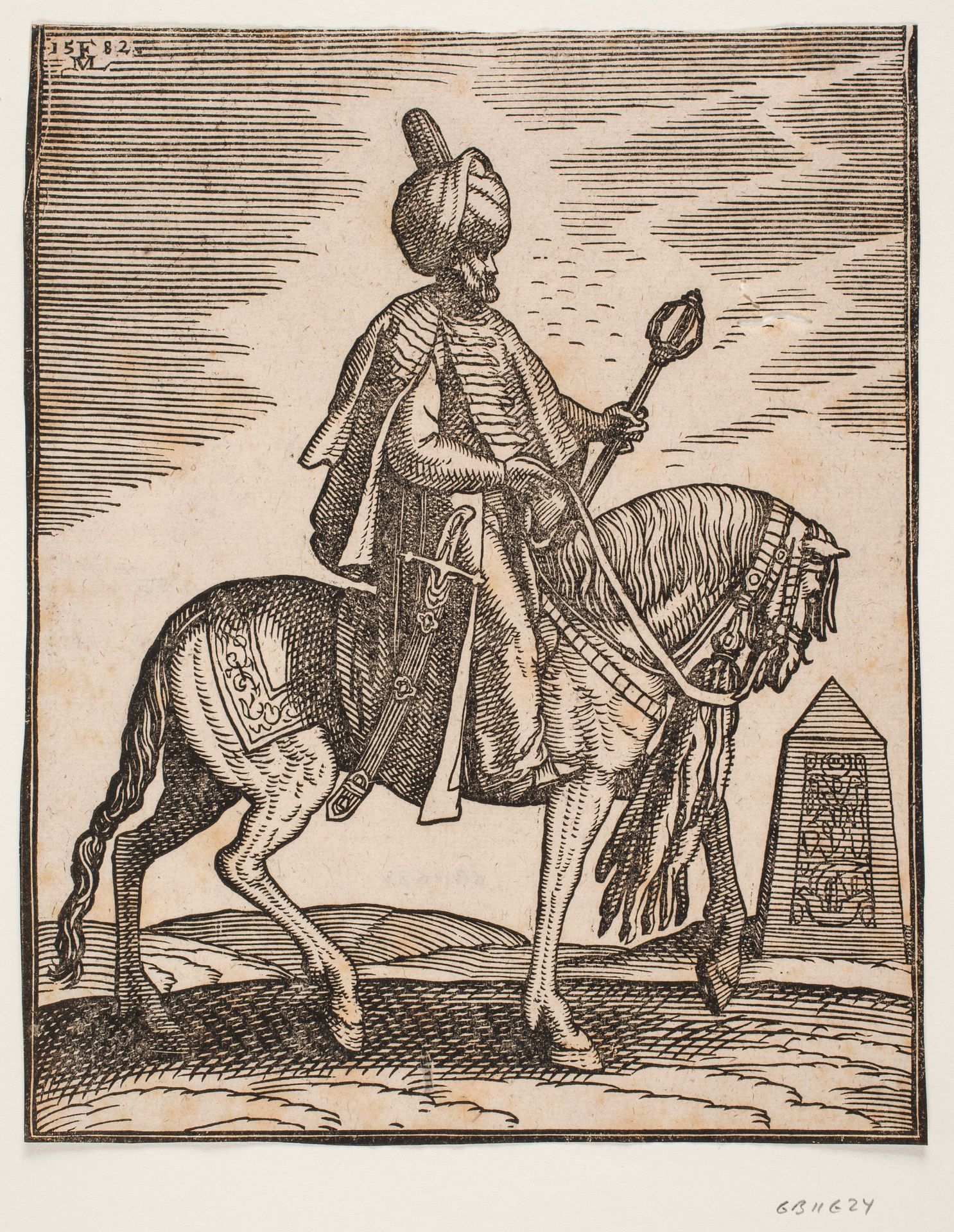 Turban-clad rider with a sword at his right side and a war-club in his left hand, profile towards the right; in the background, an obelisk by Melchior Lorck