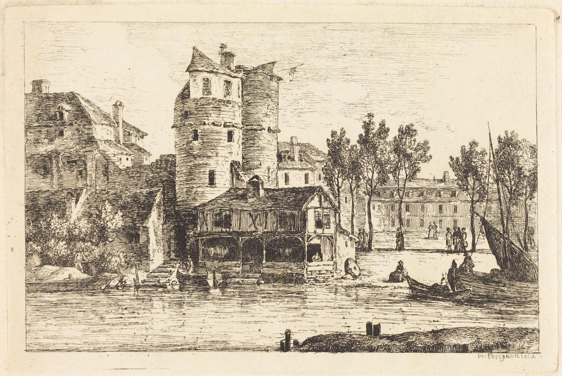 Town on a River Bank with Two Round Towers by Nicolas Pérignon