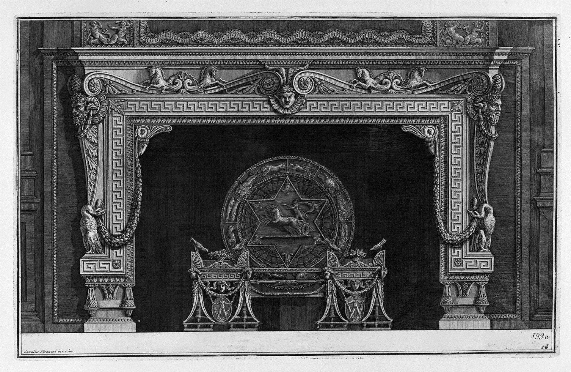 Fireplace: frieze of scrolls and sea horses with central mask, a rich interior wing by Giovanni Battista Piranesi