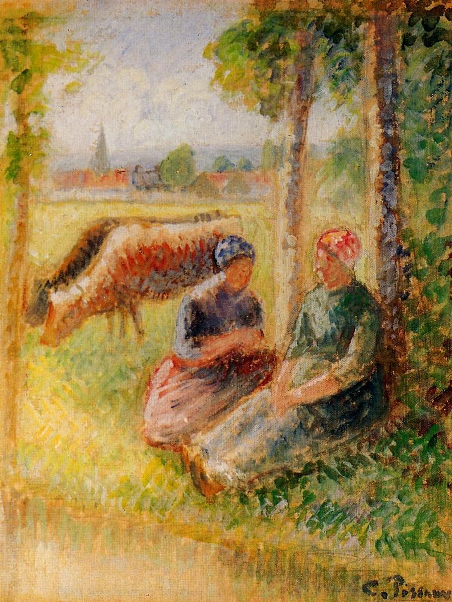 Two Cowherds by the River by Camille Pissarro