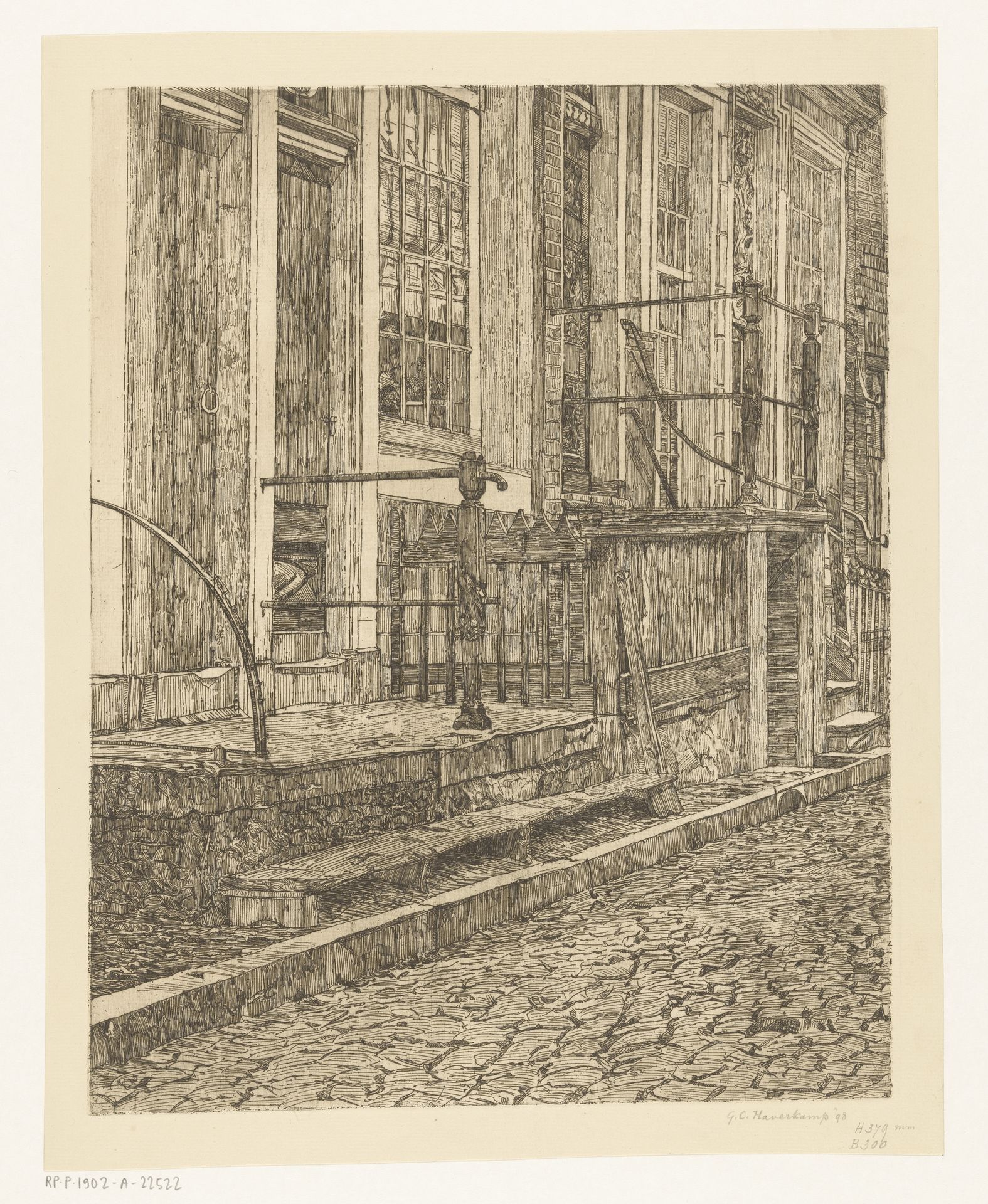 Huizen met verhoogde stoepen en ijzeren hekwerken by Gerrit Haverkamp