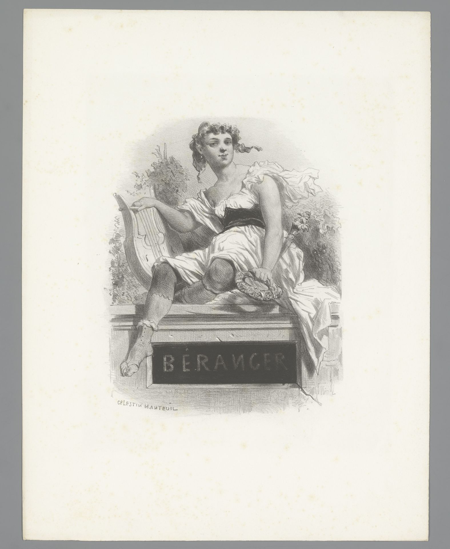 Jonge vrouw zittend op een monument voor Pierre-Jean de Béranger by Célestin Nanteuil