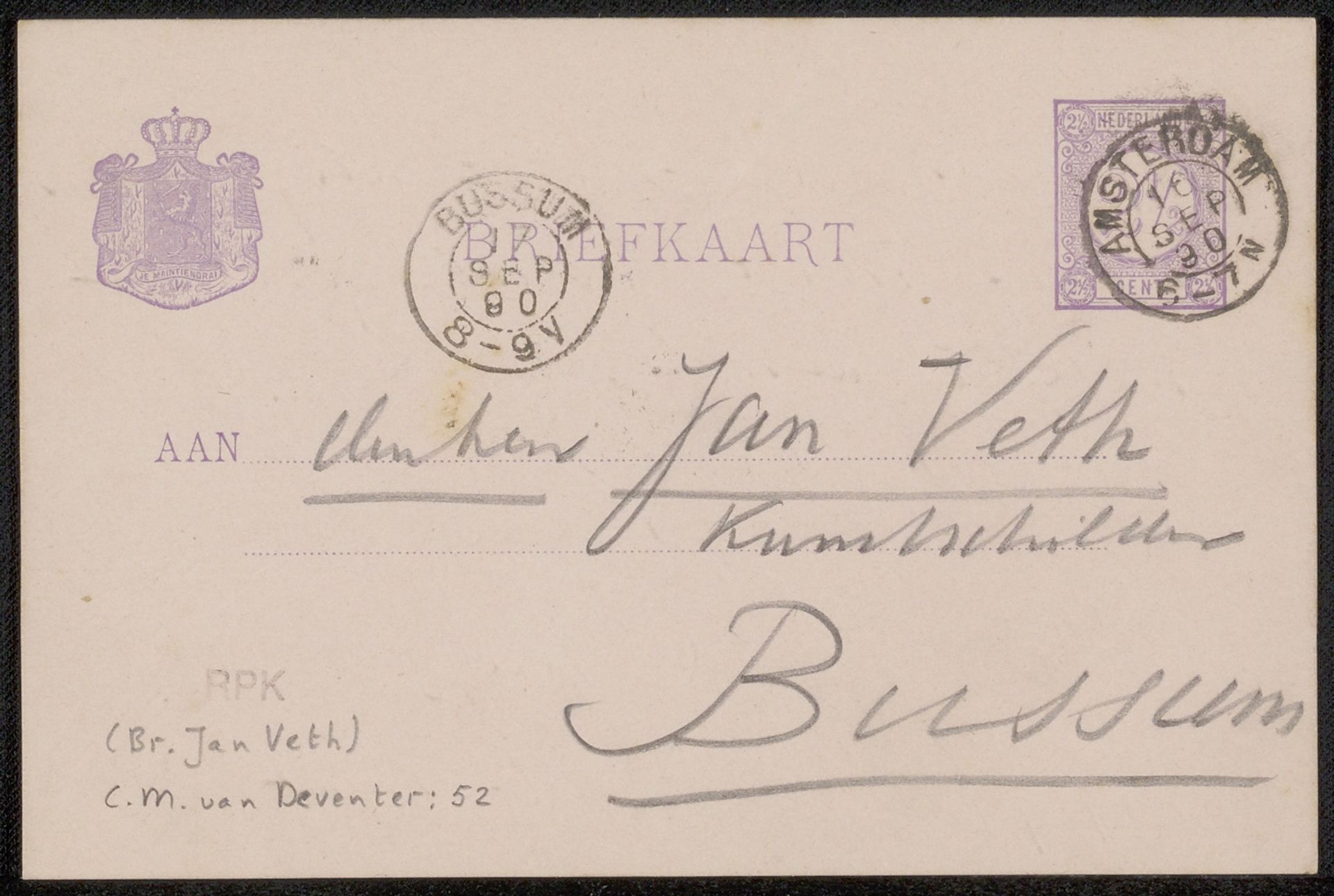 Briefkaart aan Jan Veth by Chap van Deventer