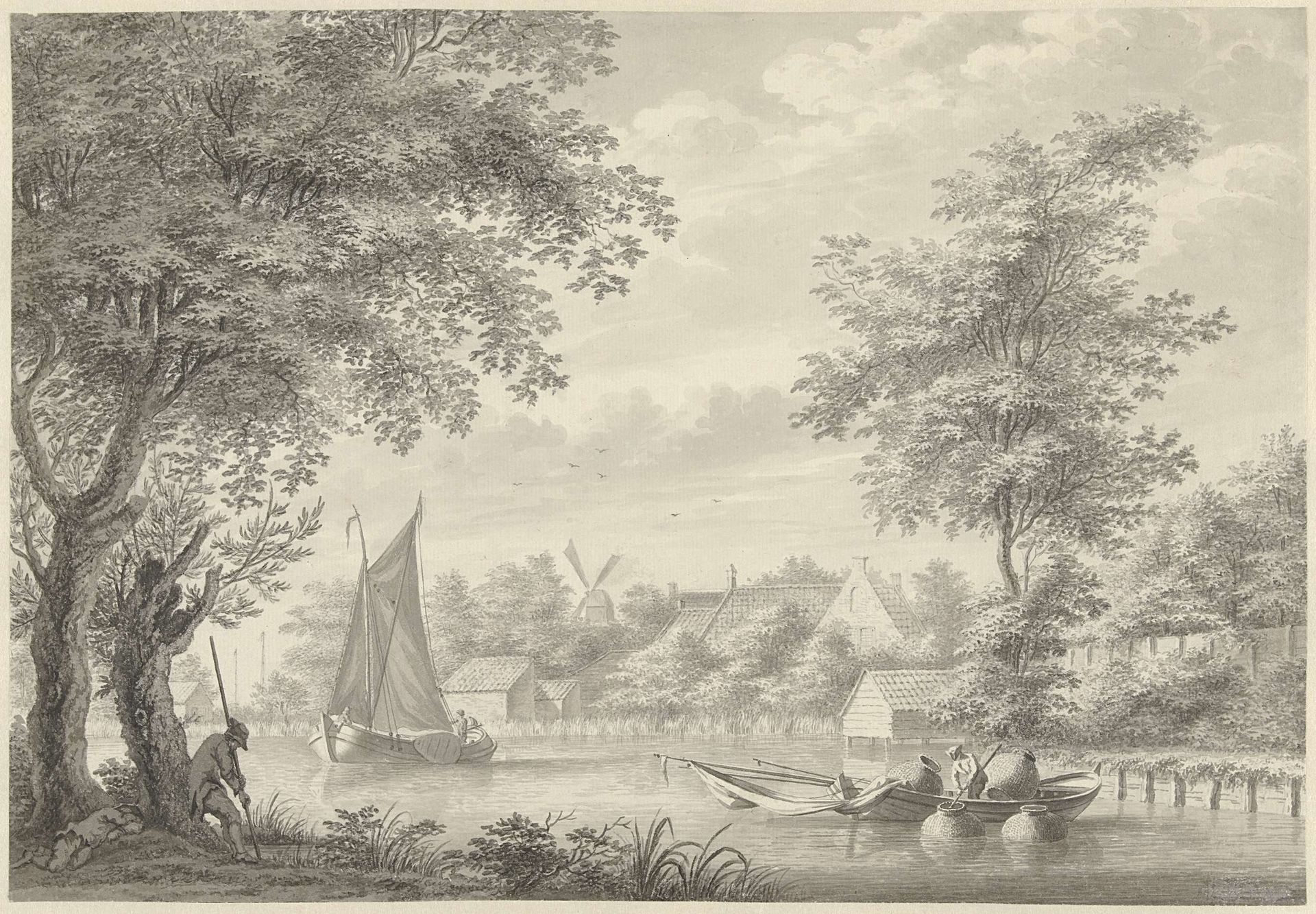 Gezicht op de Schinkel met een zeilschip en een visser by Gerard van (1698/99-1772) Rossum