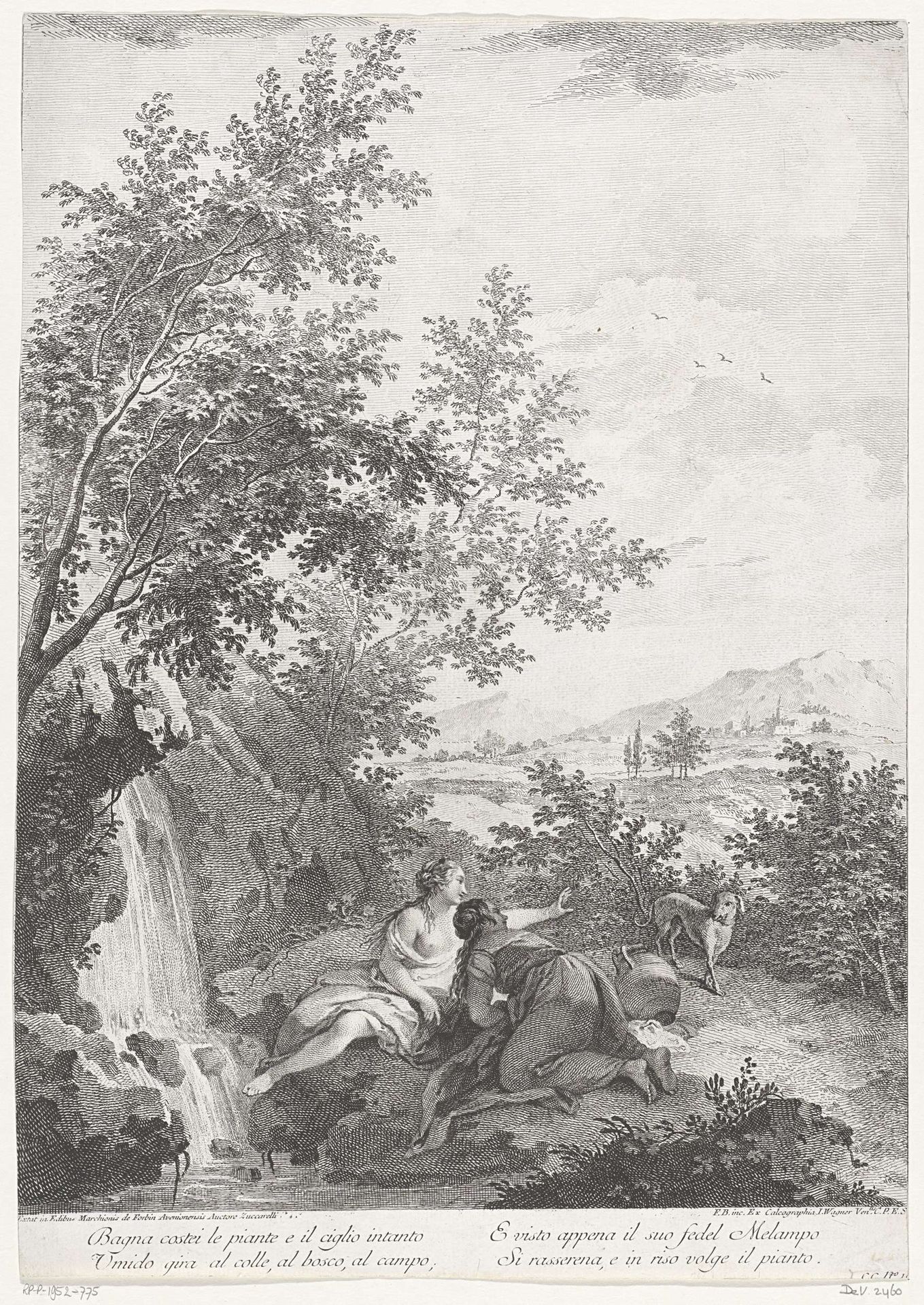 Landschap met twee vrouwen bij een waterval by Francesco Bartolozzi