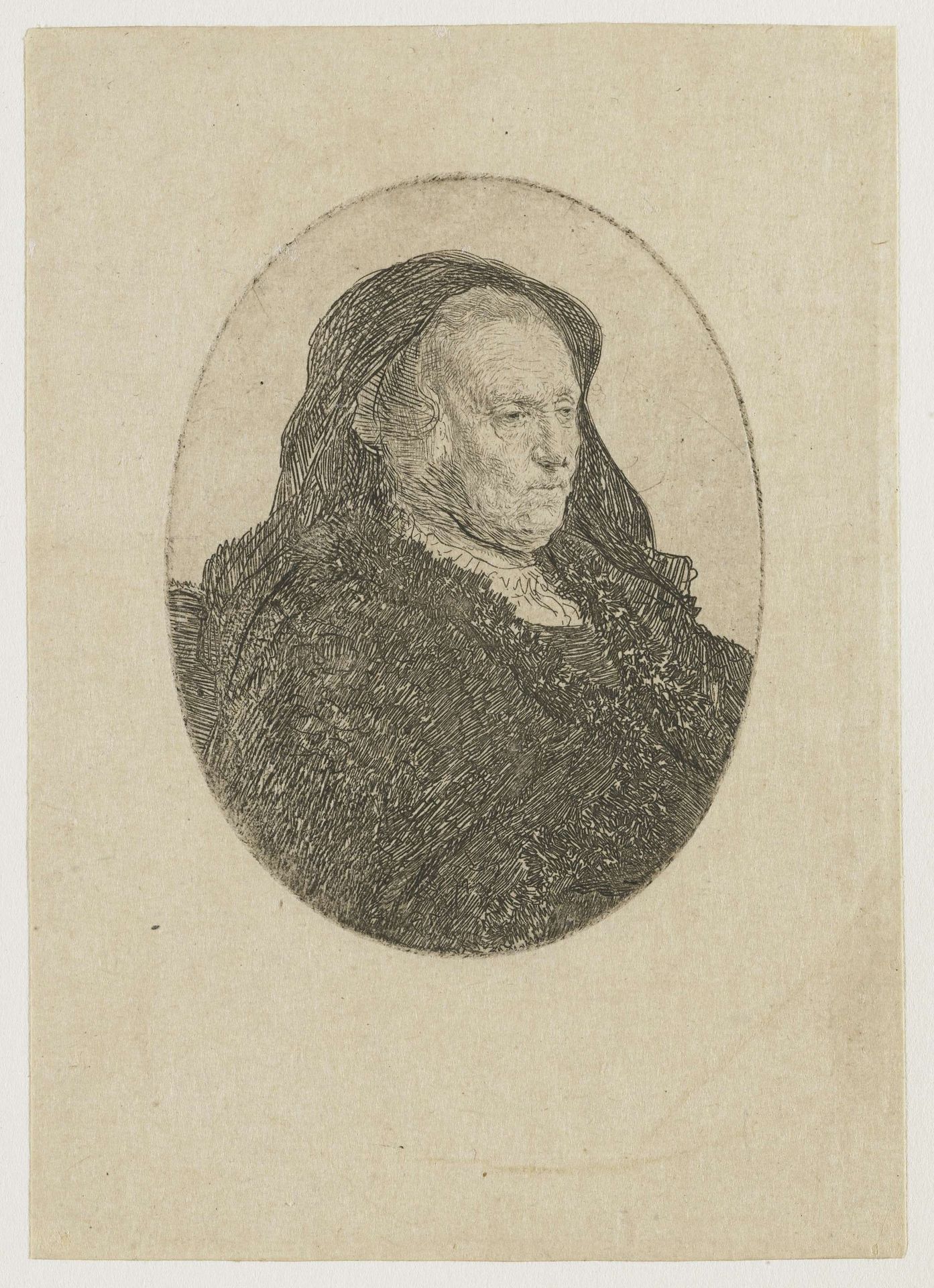 The artist's mother seated at a table, looking right: three quarter length by Rembrandt van Rijn
