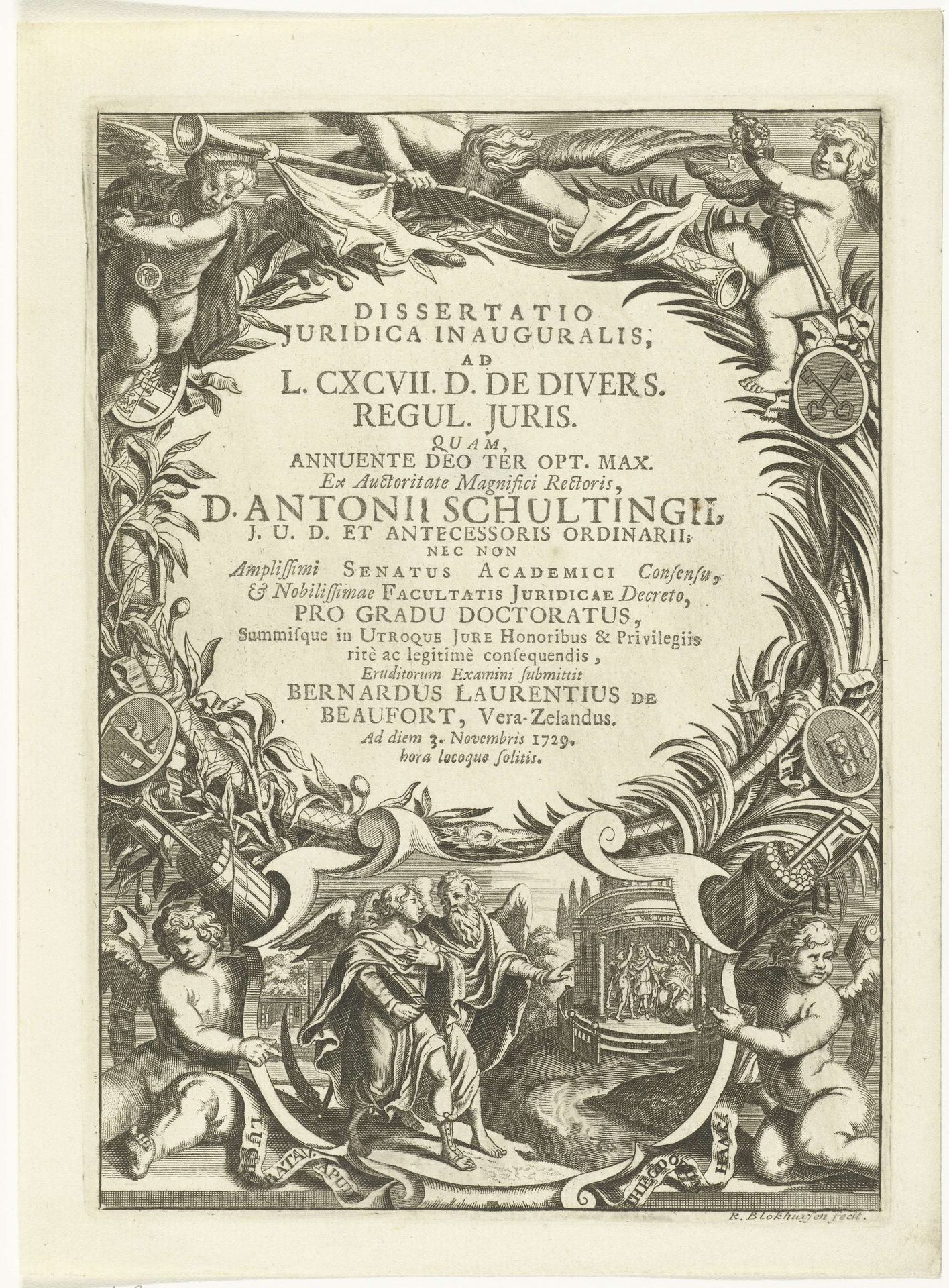 Allegorie op de wetenschap met de Tijd en de Roem by Reynier Blokhuysen