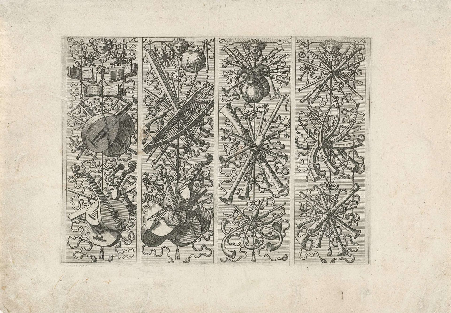 Vier verticale trofeeën met muziekinstrumenten by Johannes of Lucas van Doetechum