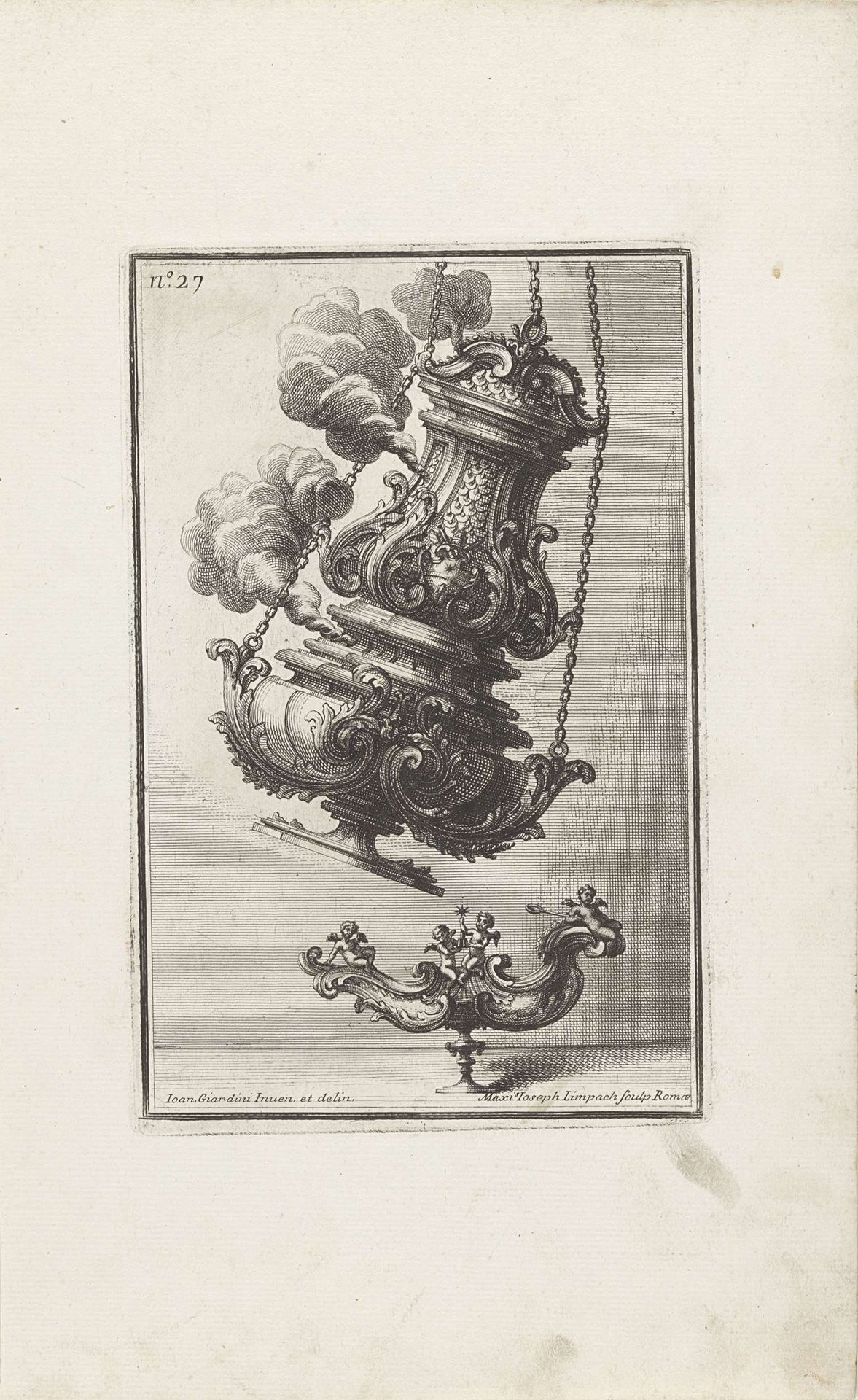 Wierookvat met pauselijk wapen en schaal met putti by Maximilian Joseph Limpach
