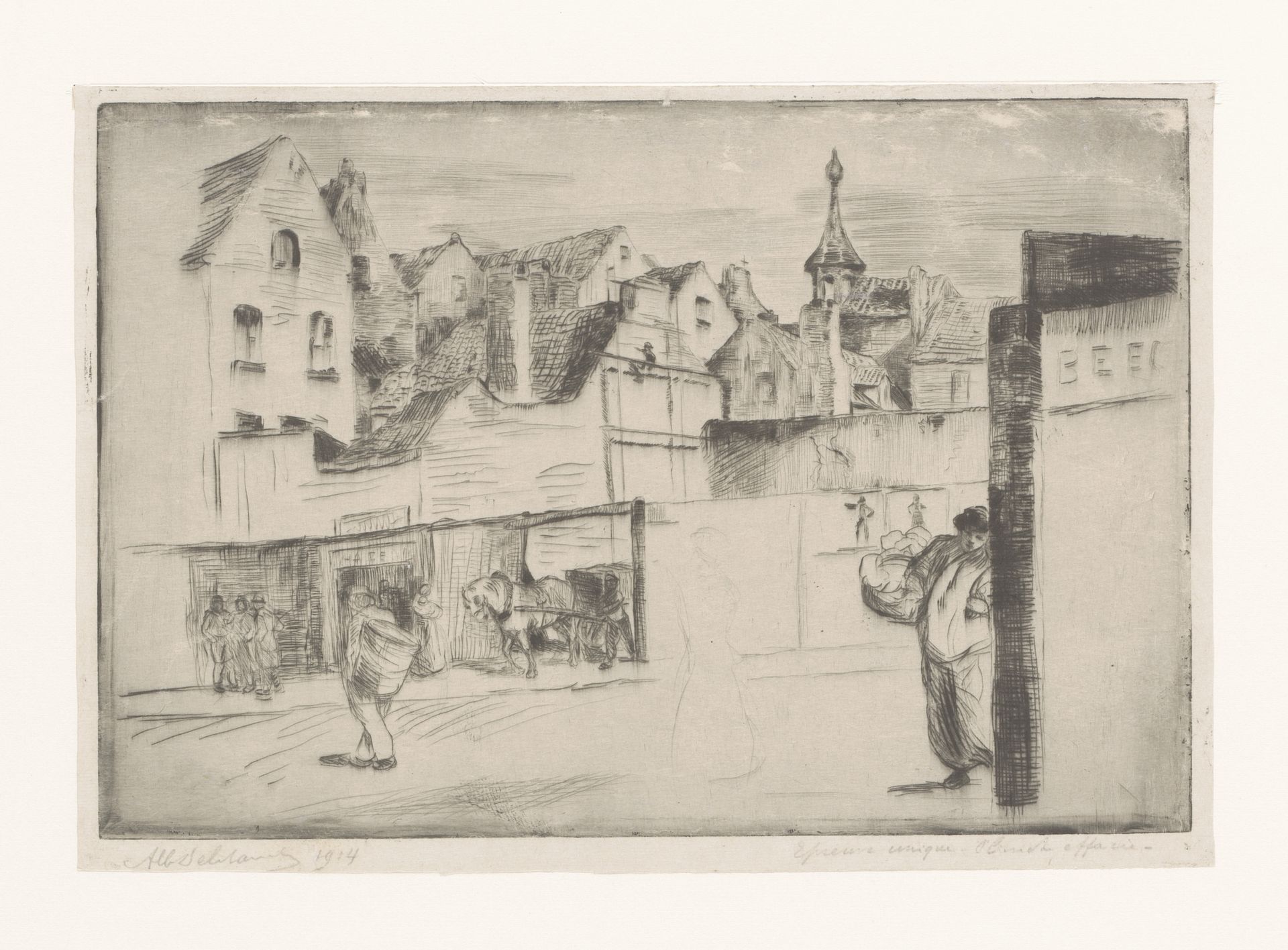 Straatgezicht met enkele figuren by Albert Delstanche