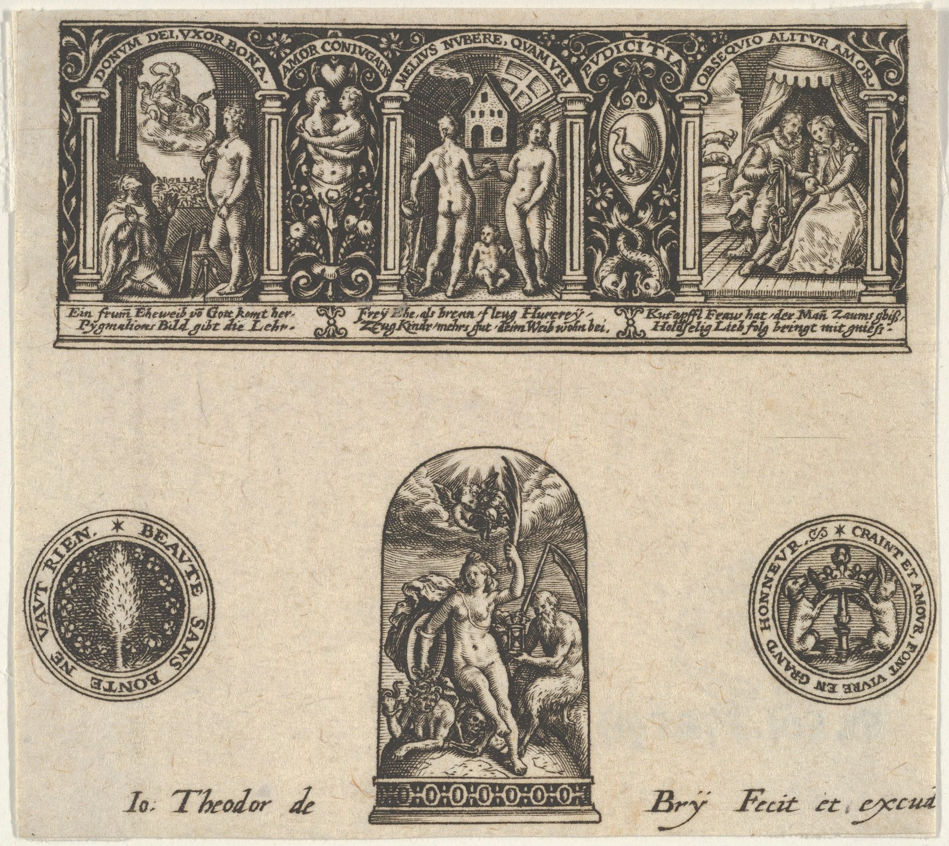 Horizontal Panel with a Thimble Design Below a Frieze with Three Scenes in Arches by Johann Theodor de Bry