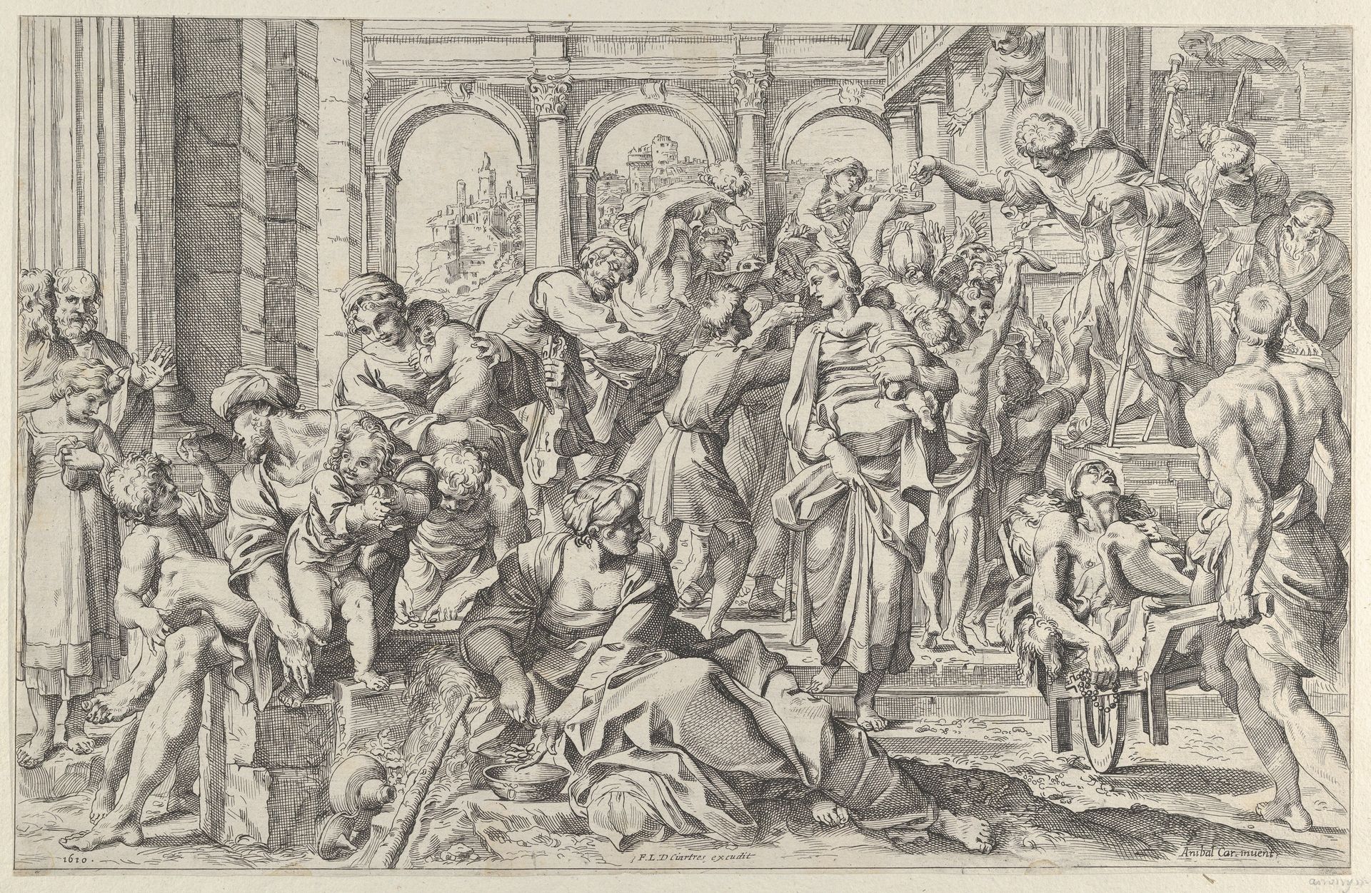 Saint Roch at right distributing alms to a group of people gathered around him, after Annibale Caracci by Anonymous