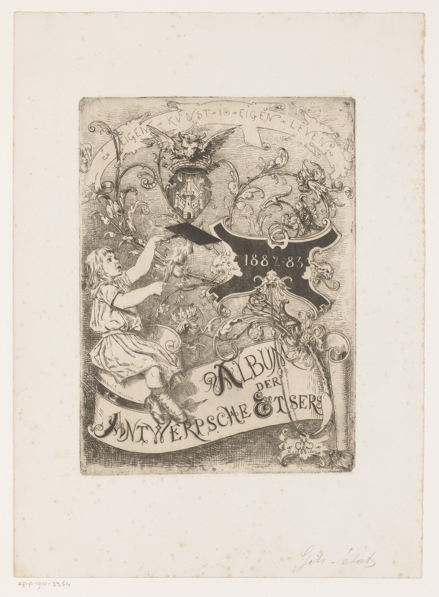 Kind met fakkel en rooster op een cartouche met florale ranken by Willem Geets