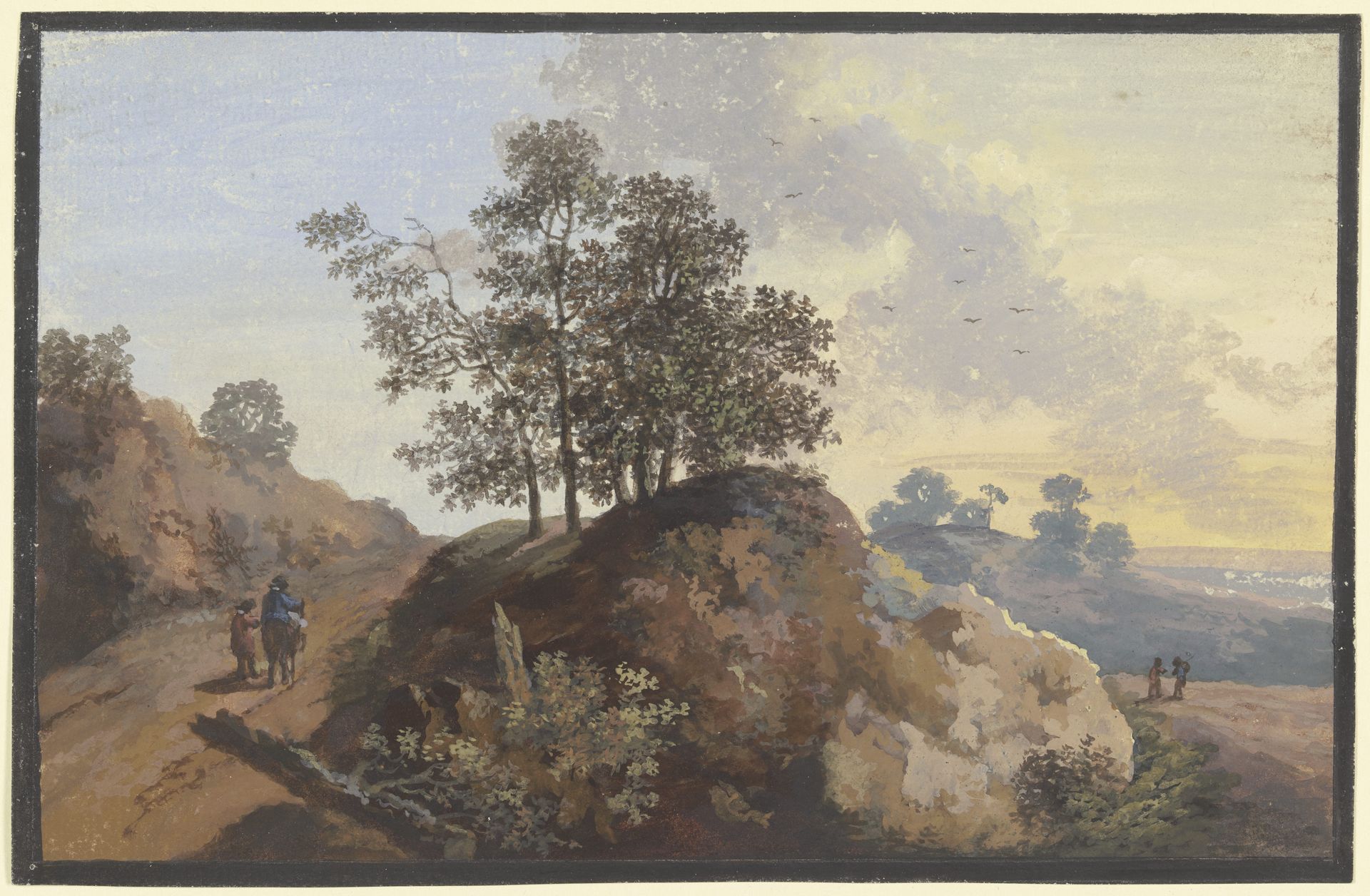 Baumpartie mit Felsen zwischen zwei Wegen, links zwei Männer, einer beritten, rechts zwei Figuren und Blick in die Ferne by Johann Alexander Thiele