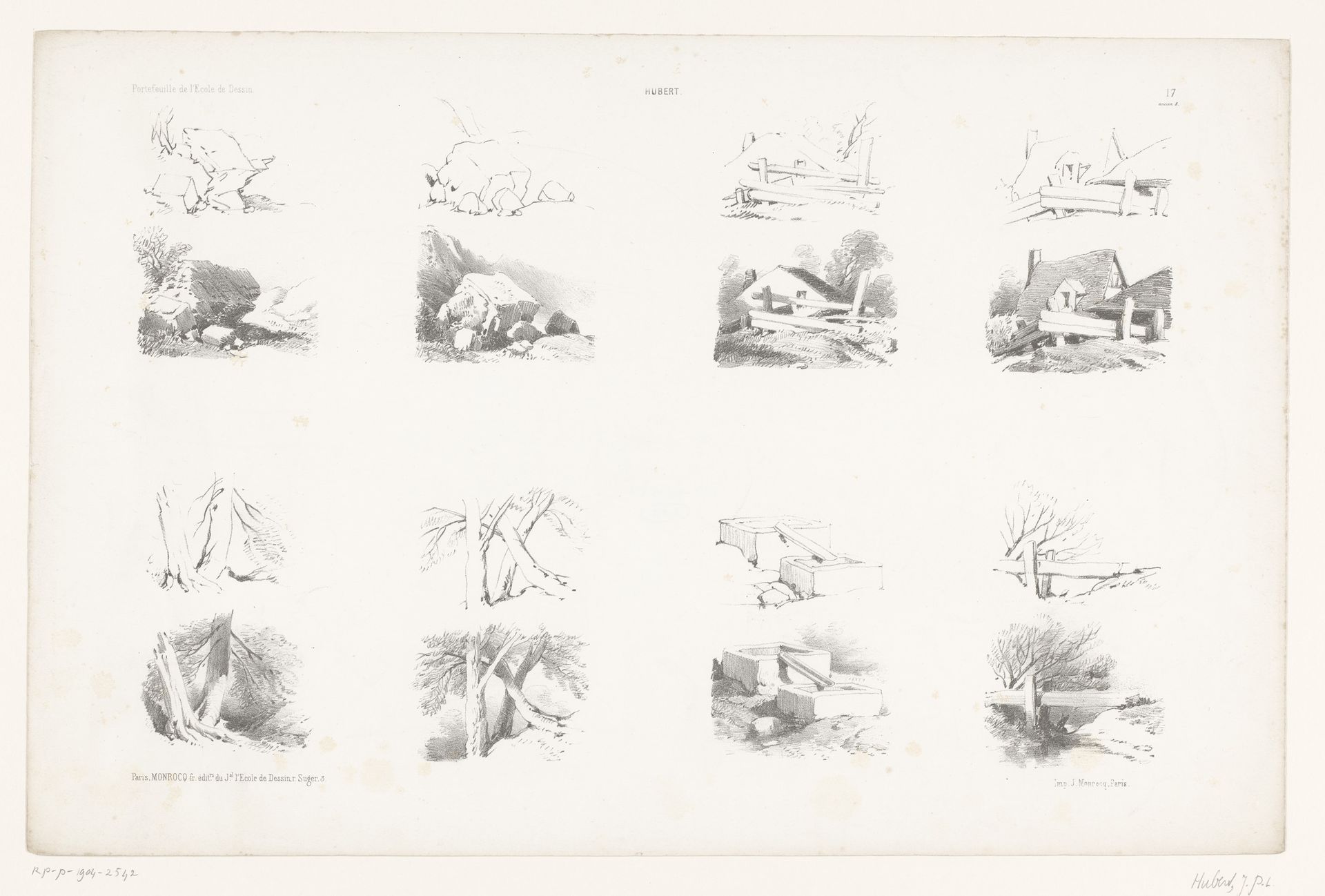 Acht voorstellingen van landschapselementen in twee tekenstappen by Jean Baptiste Louis Hubert