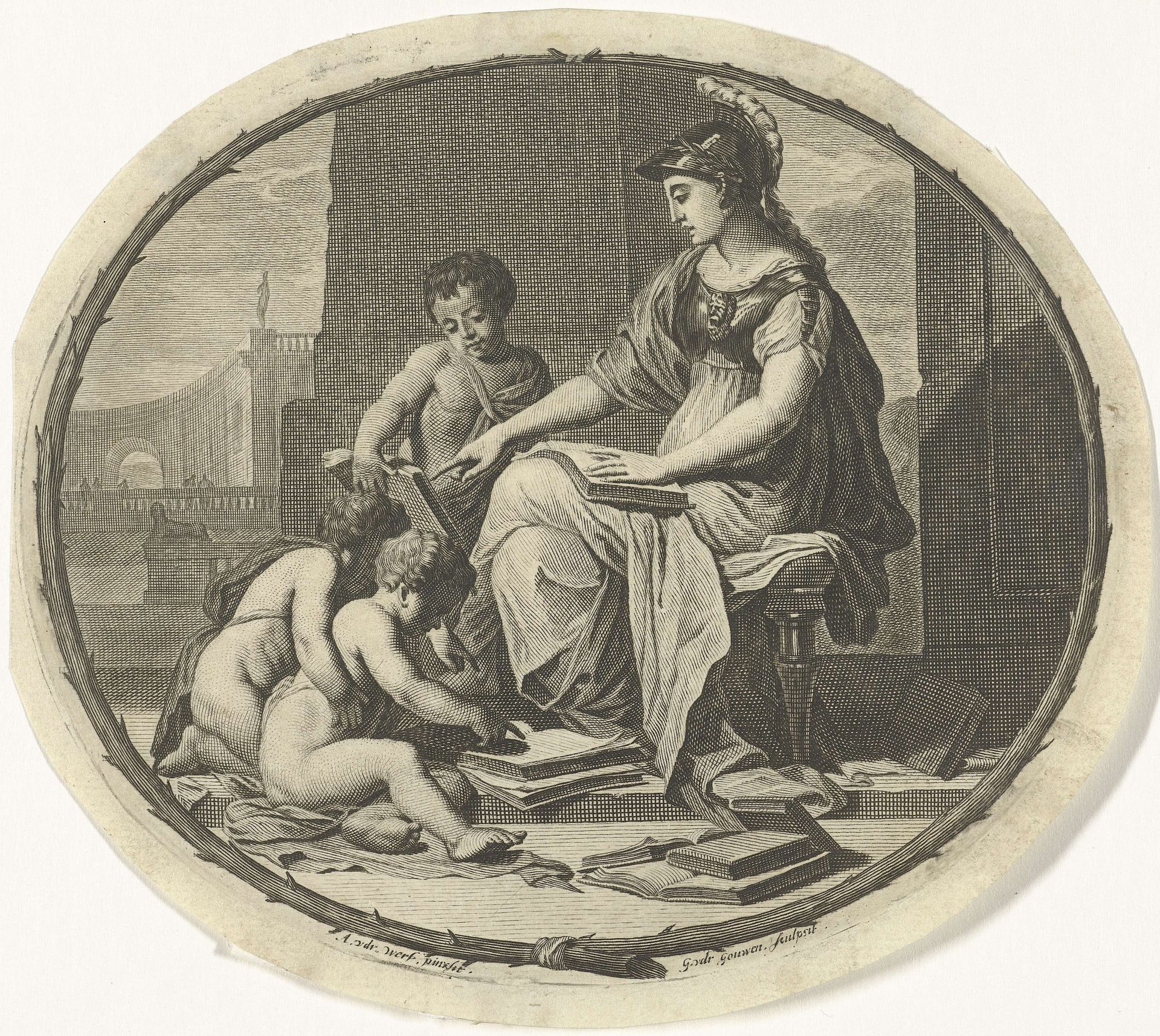 Minerva geeft les aan enkele putti by Gilliam van der Gouwen