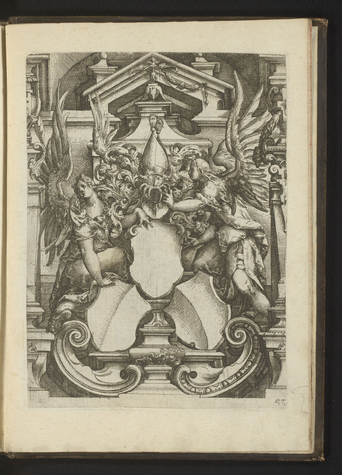 Drie wapenschilden tussen twee engelen by Wendel (I) Dietterlin