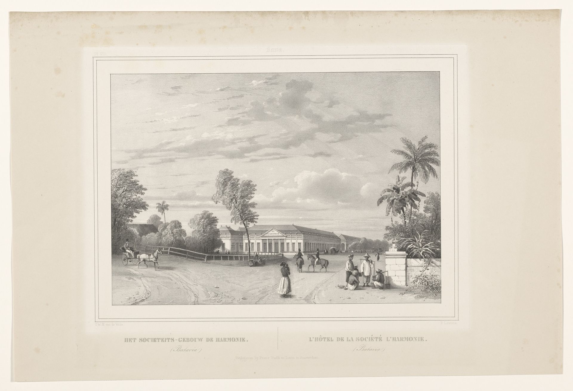 Gezicht op het sociëteitsgebouw De Harmonie op Batavia by Paulus Lauters