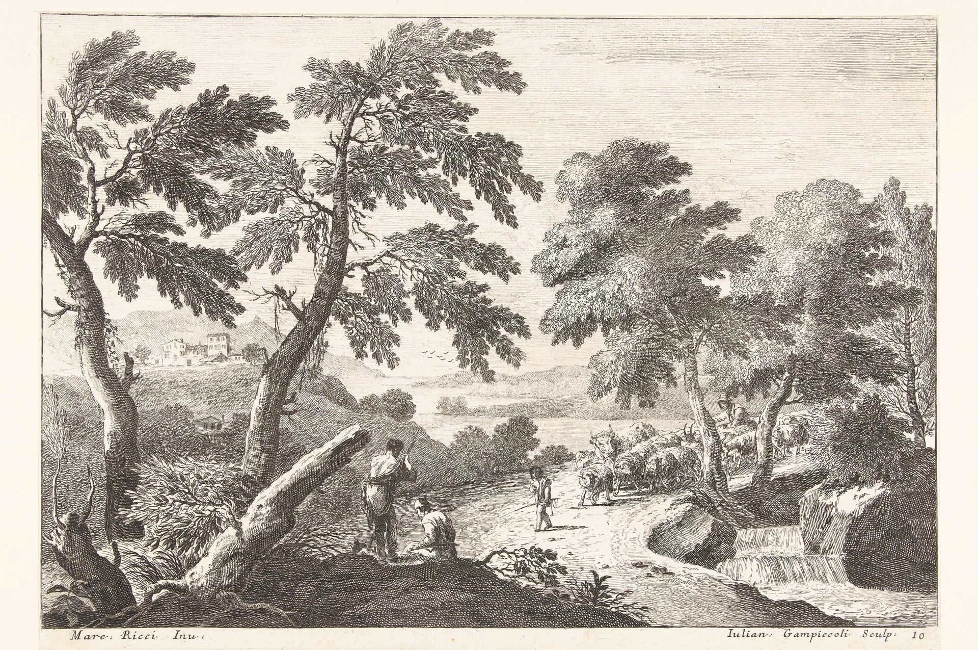 Landschap met herders op weg langs kleine waterval by Giuliano Giampiccoli