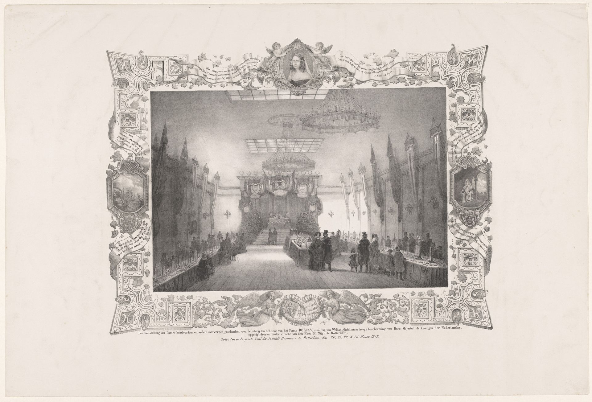 Tentoonstelling van dames handwerken en andere voorwerpen, geschonken voor de loterij ten behoeve van het Fonds DORCAS (...) in de groote Zaal der Societeit Harmonie te Rotterdam den 20, 21, 22 & 23 Maart 1849 by Anonymous
