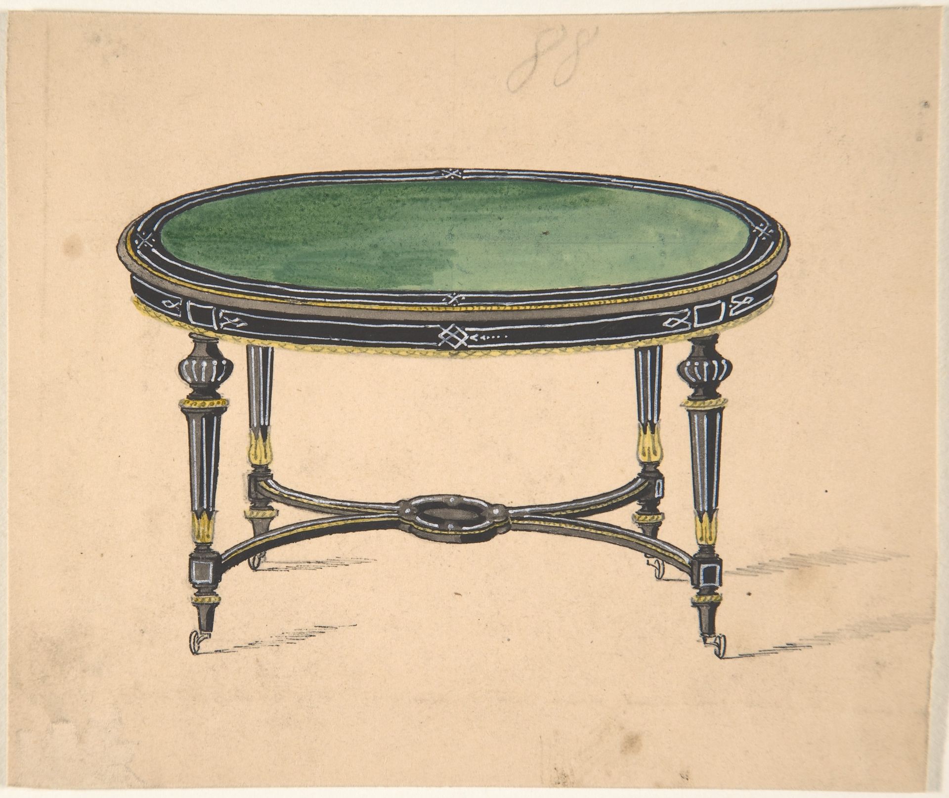 Design for a Round or Oval Table with a Green Top and Black and Gold Sides and Legs by Anonymous