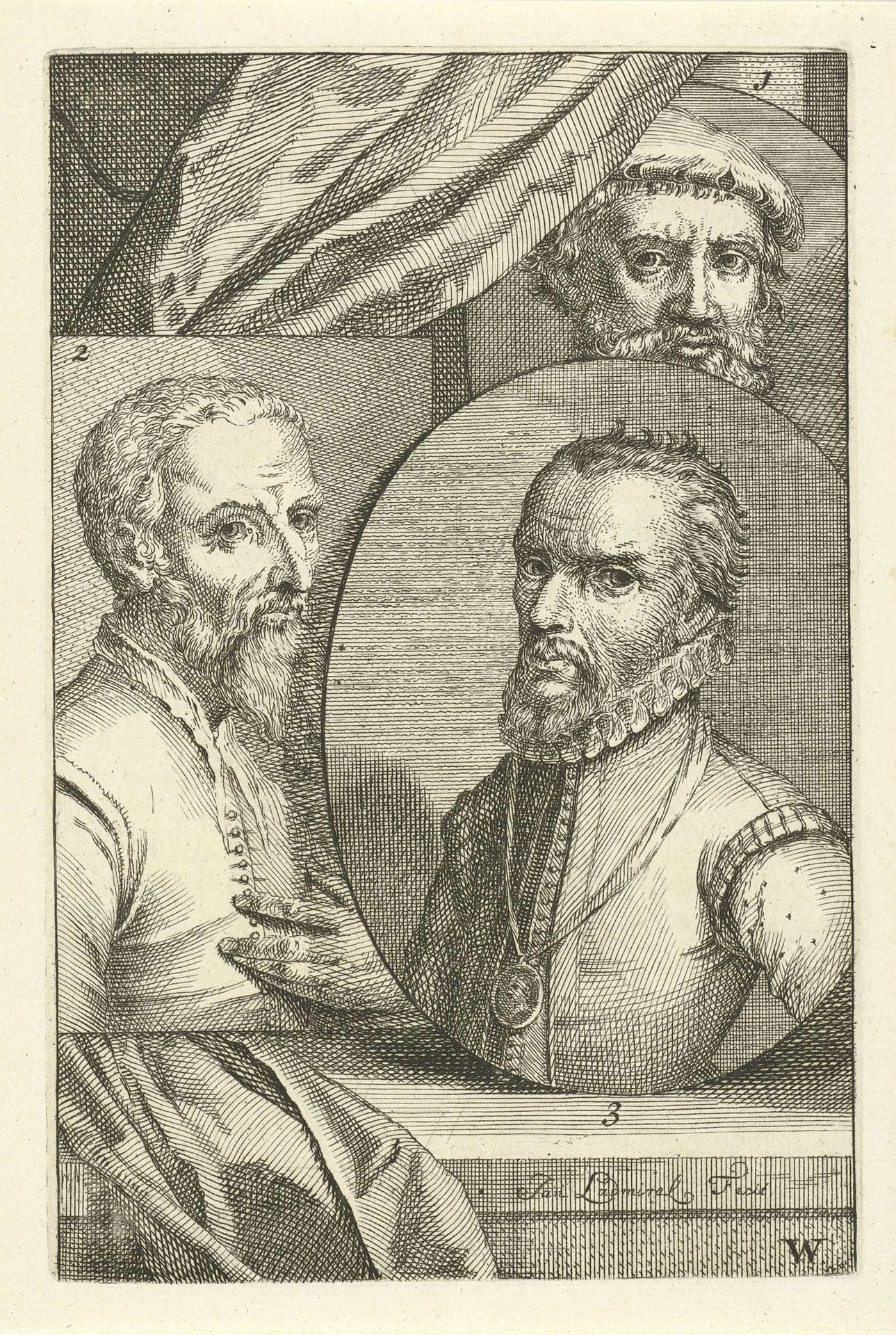 Portretten van Pieter Coecke van Aelst, Maarten van Heemskerck en Michiel Coxie by Jan l' Admiral