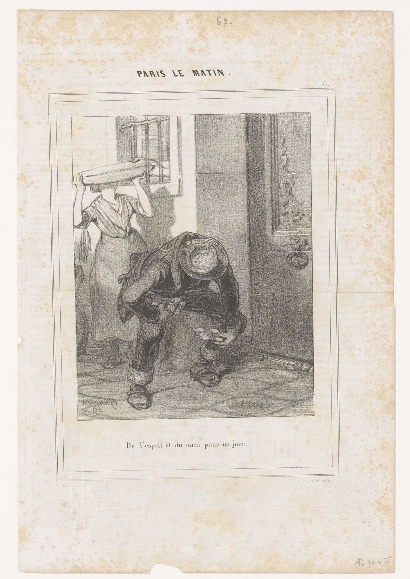 Postbezorger en bakster in de ochtend op straat by Paul Gavarni