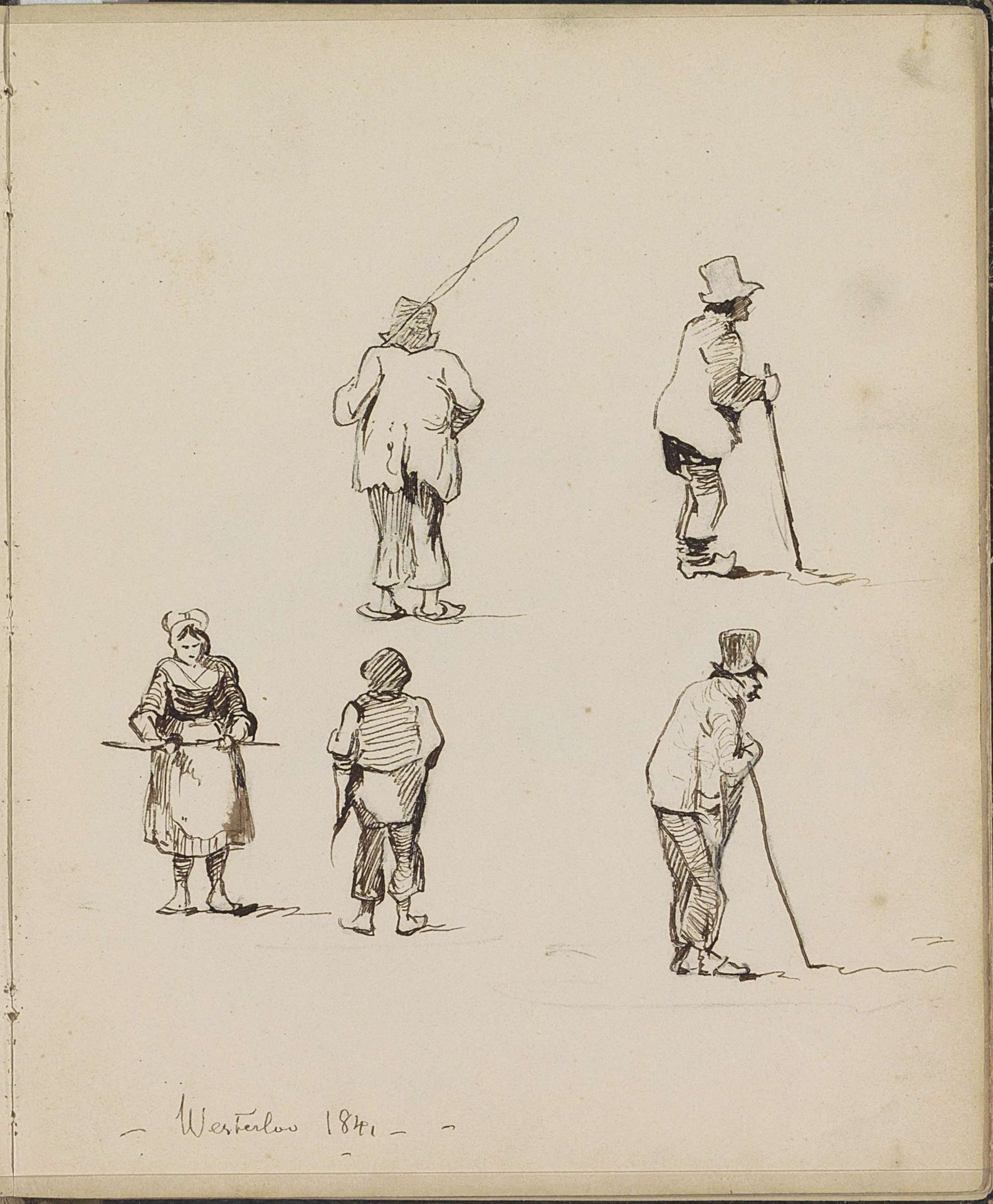 Boerin en mannen met hoge hoeden en wandelstokken by Johannes Tavenraat