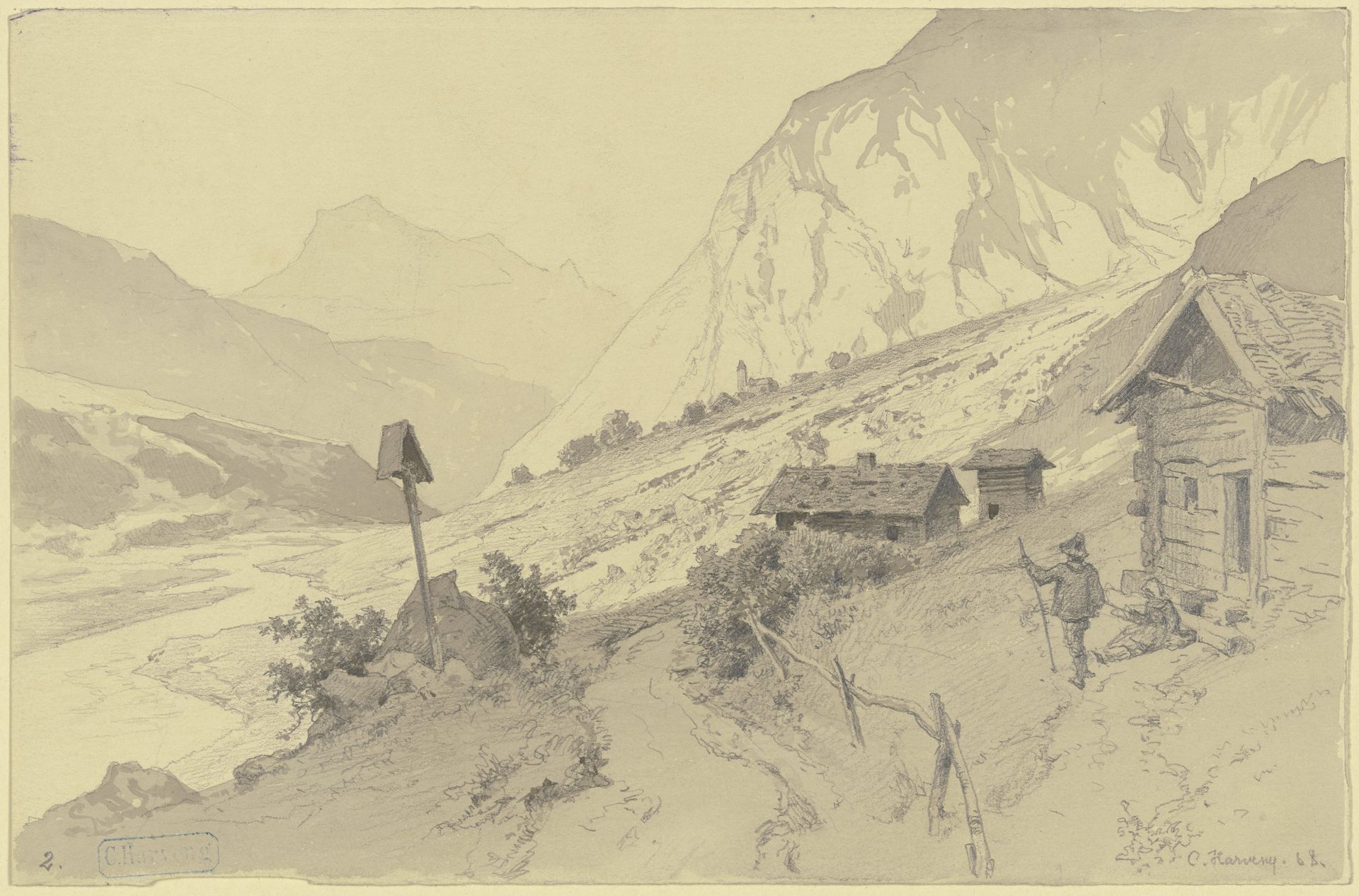 Flusstal im Gebirge, rechts Hütten, davor Mann und Frau by Karl Friedrich Harveng