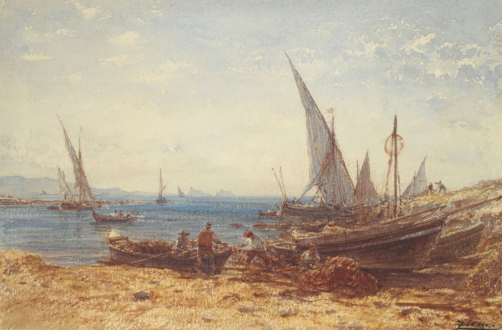 Fishermen and boats at water’s edge by Félix Ziem