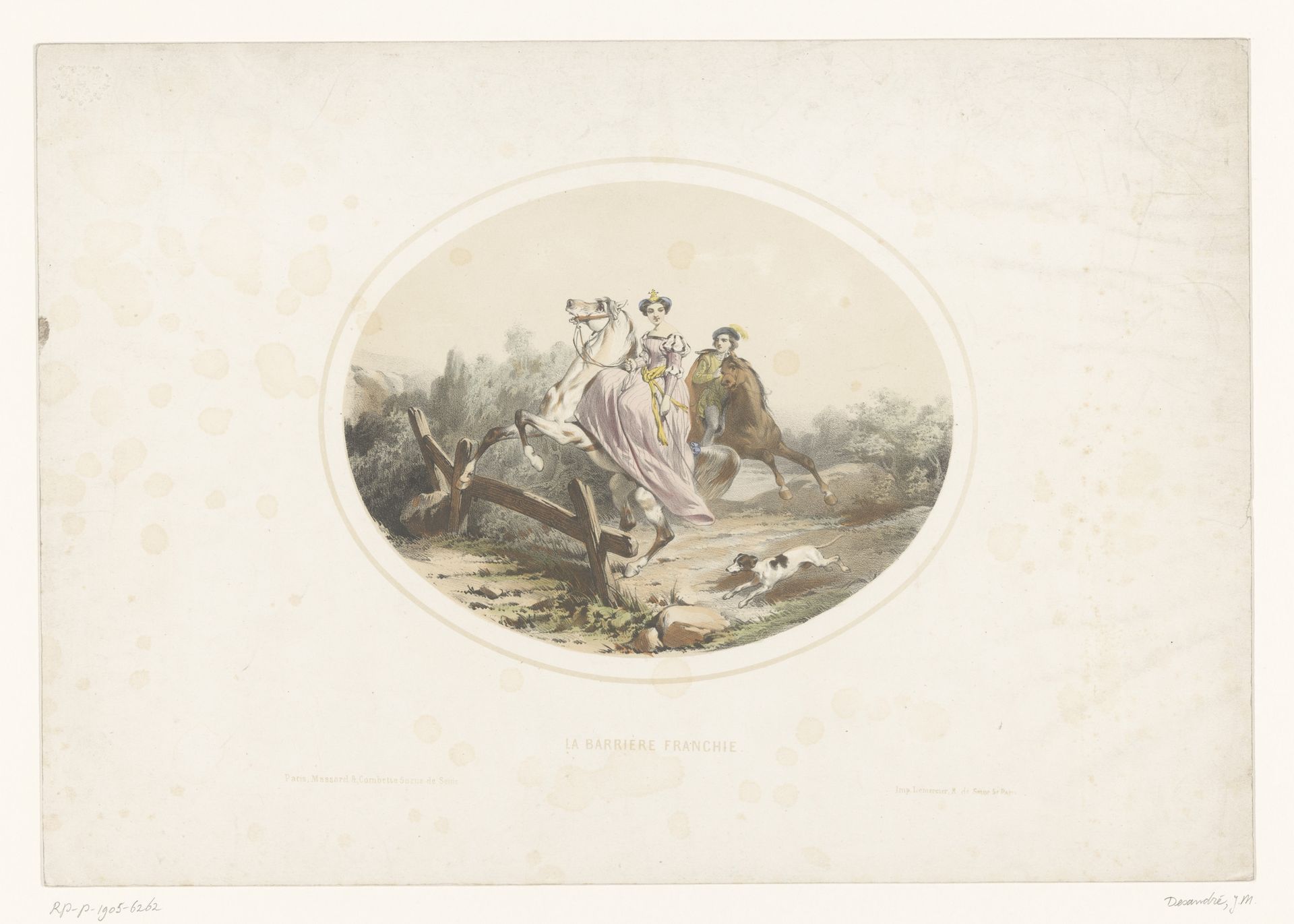 Edelvrouw springt met paard over een hek by Jules Marie Desandré