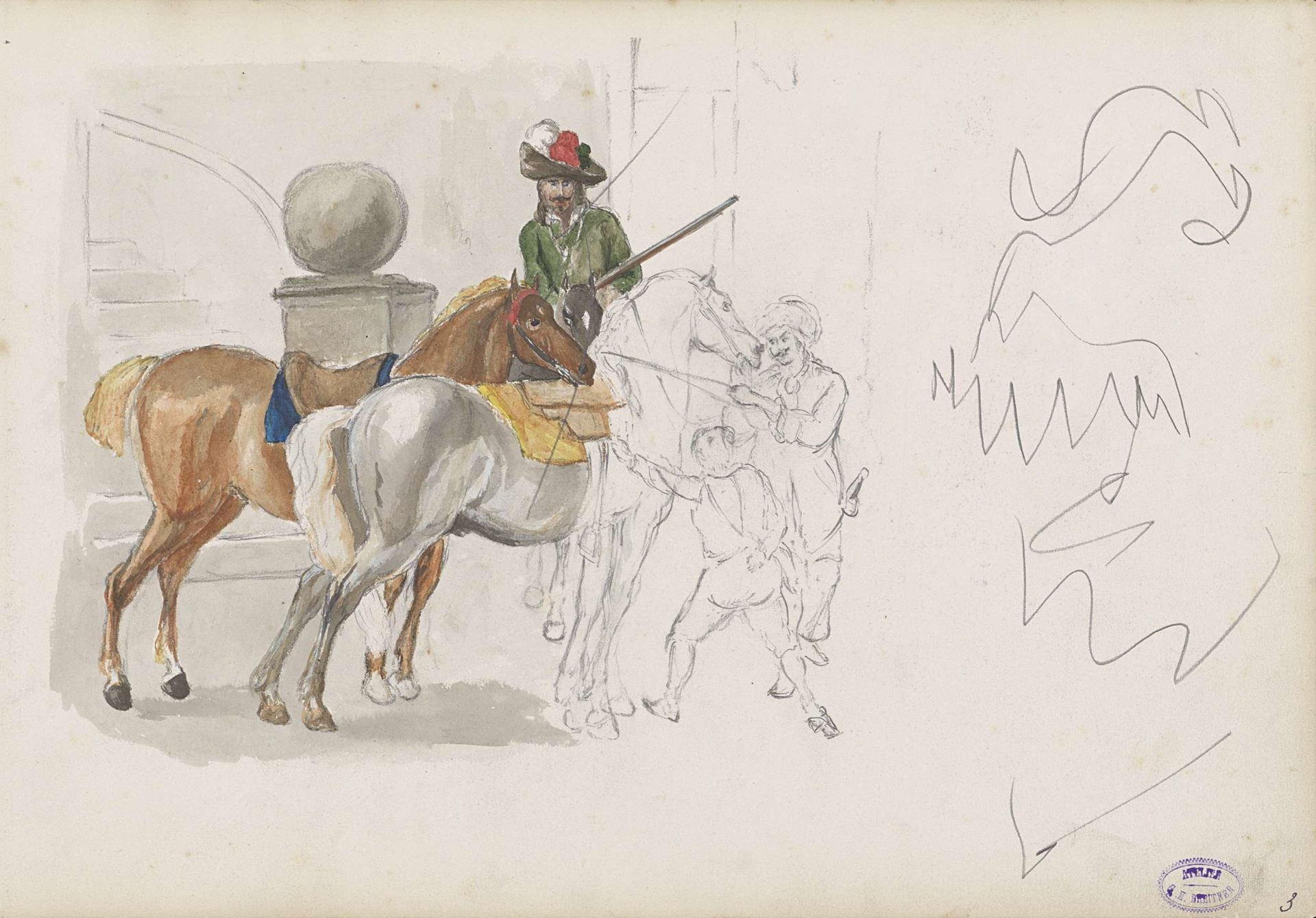 Drie mannen en een jongen bij drie paarden by George Hendrik Breitner