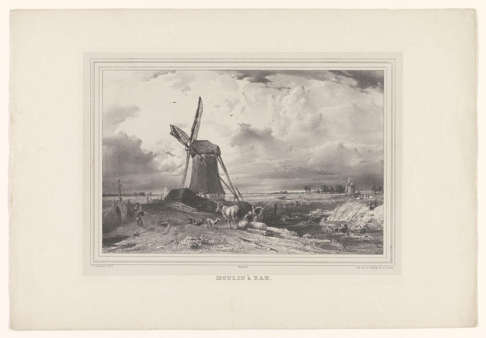 Landschap met een windmolen aan het water by Théodore Fourmois
