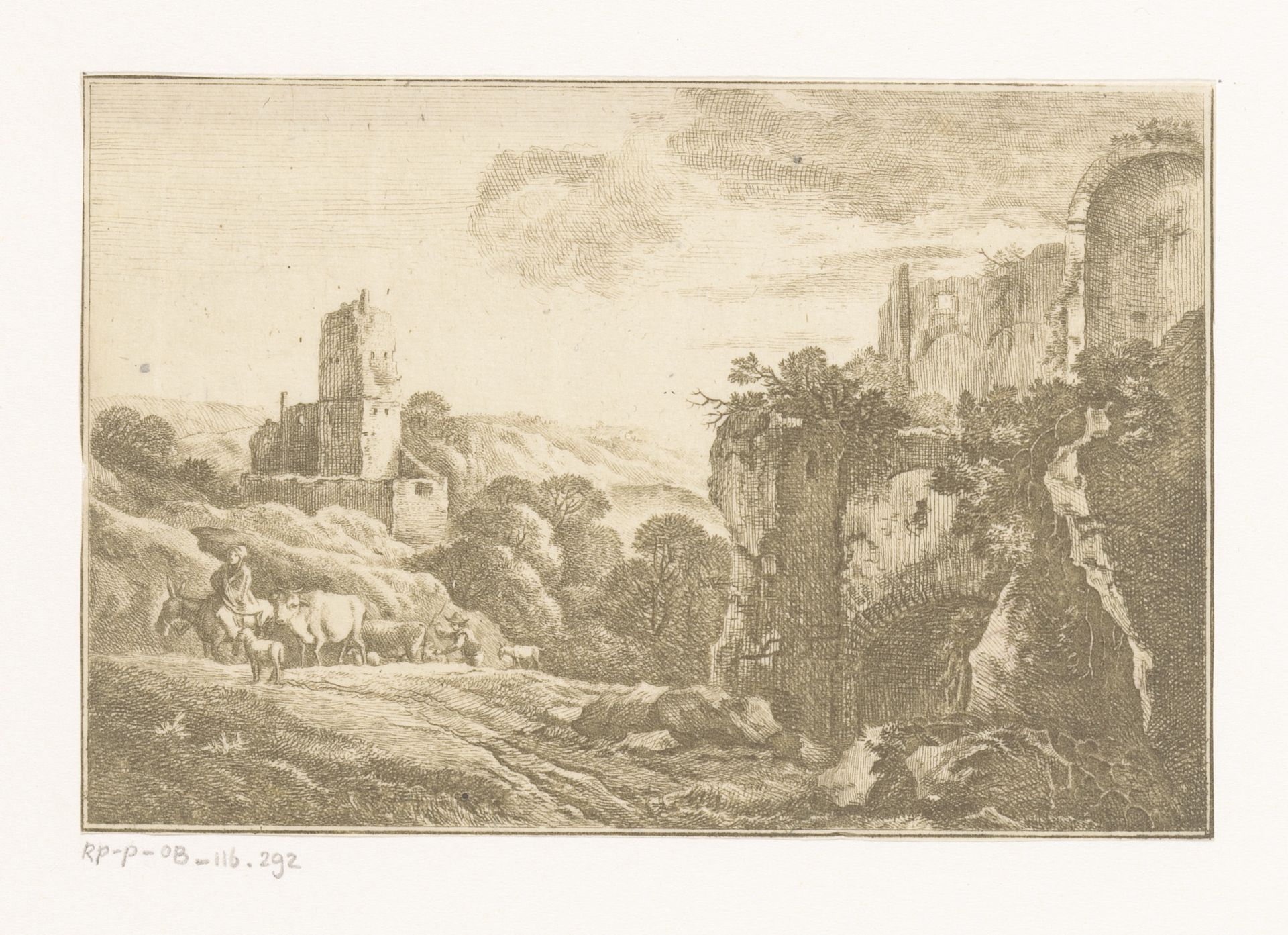 Landschap met ruïnes en herder met vee by Carl Friedrich Holtzmann
