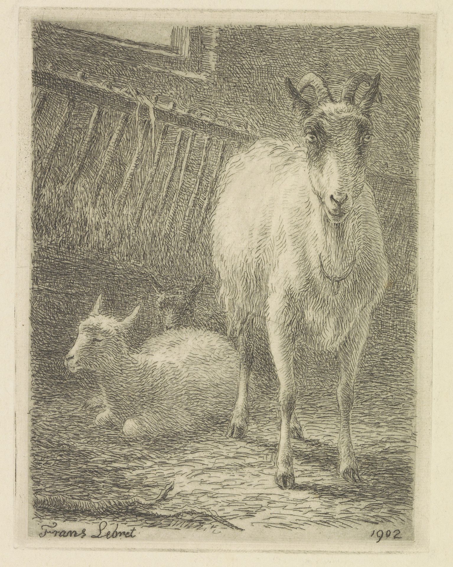 Geit met jongen in een stal by Frans Lebret