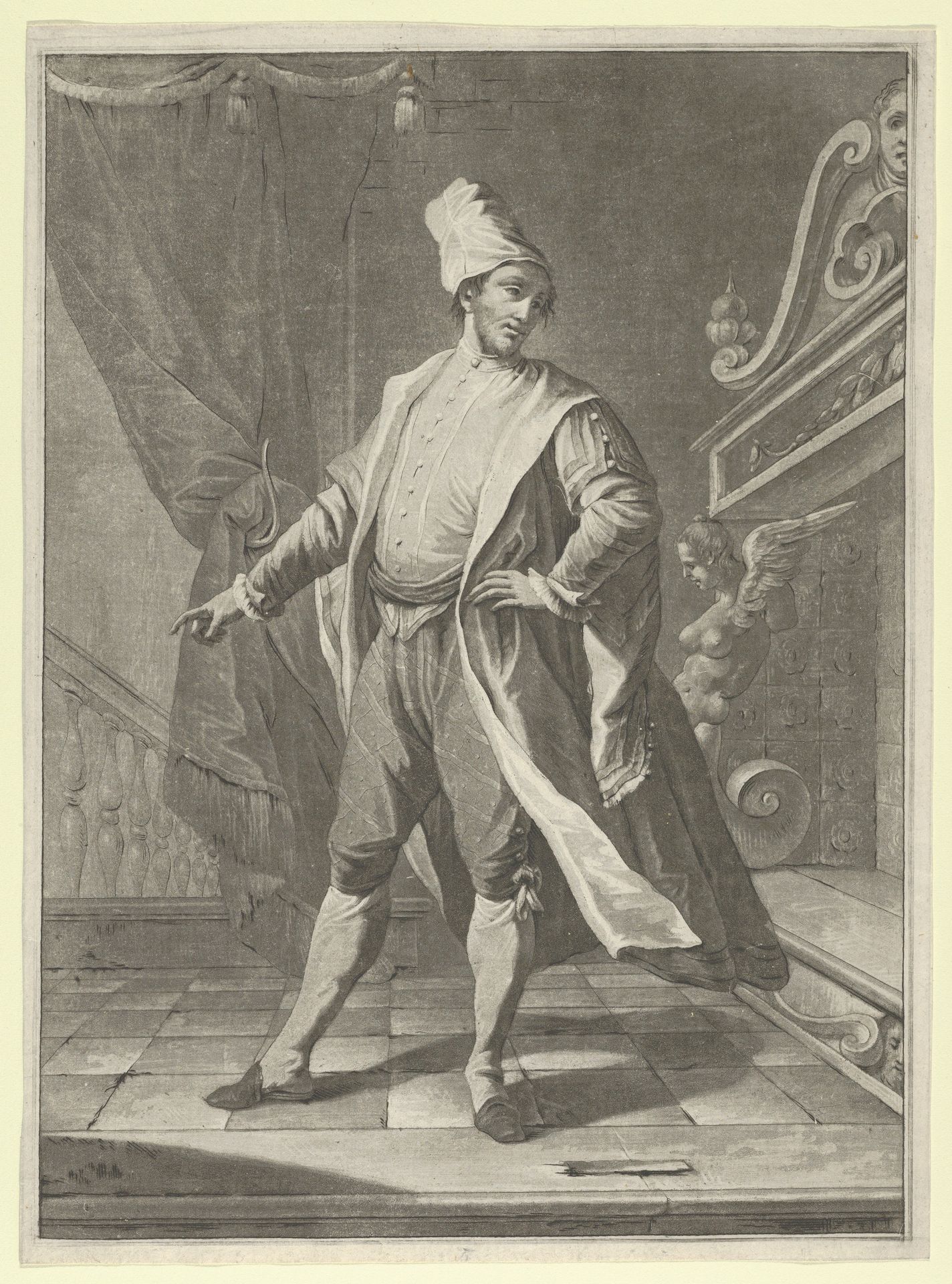 Man in Venetian costume standing before a large fireplace, right arm outstretched by Anonymous