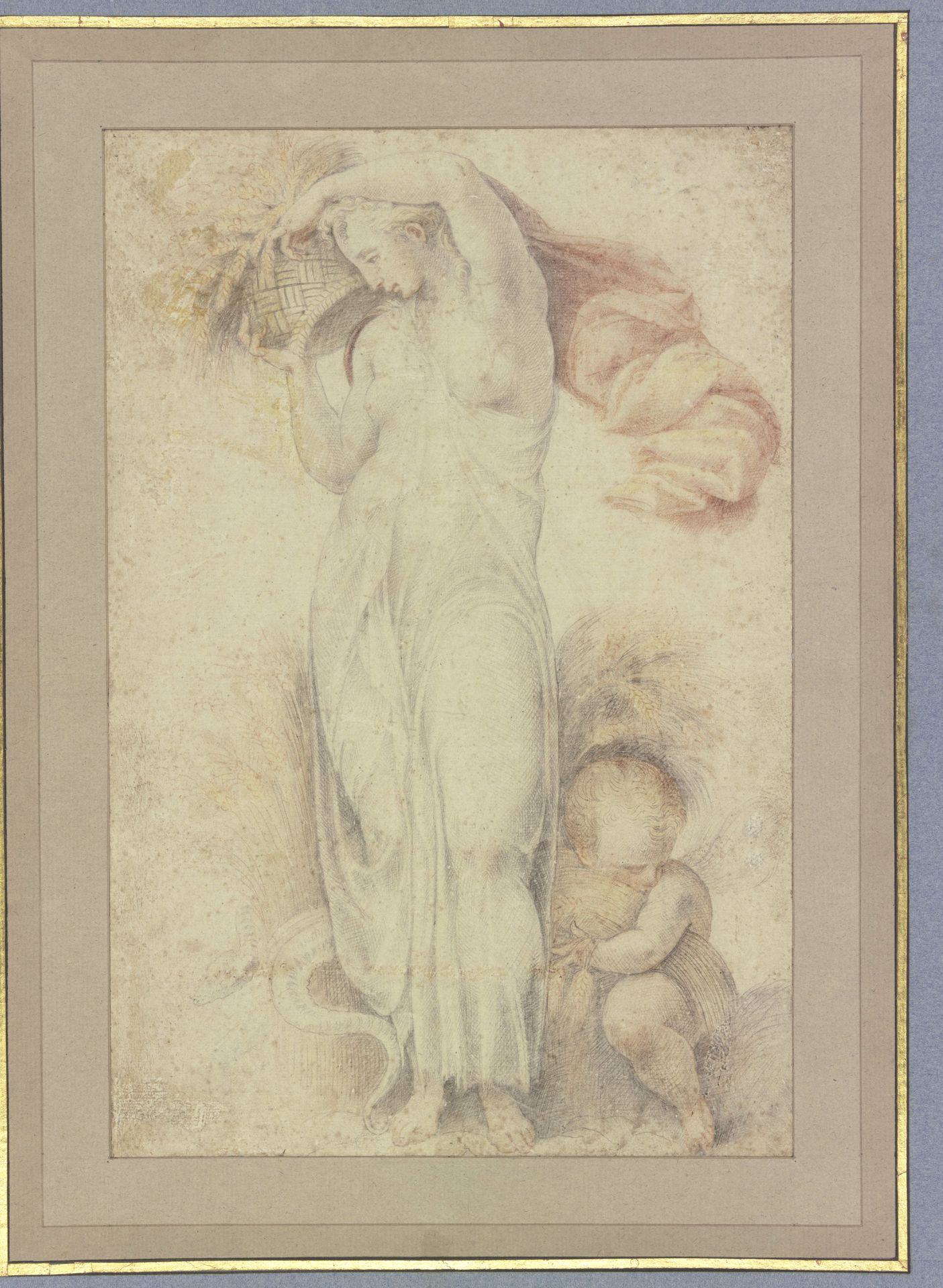 Ceres mit Ährenkorb, dabei ein geflügelter Putto mit Garbe by Parmigianino