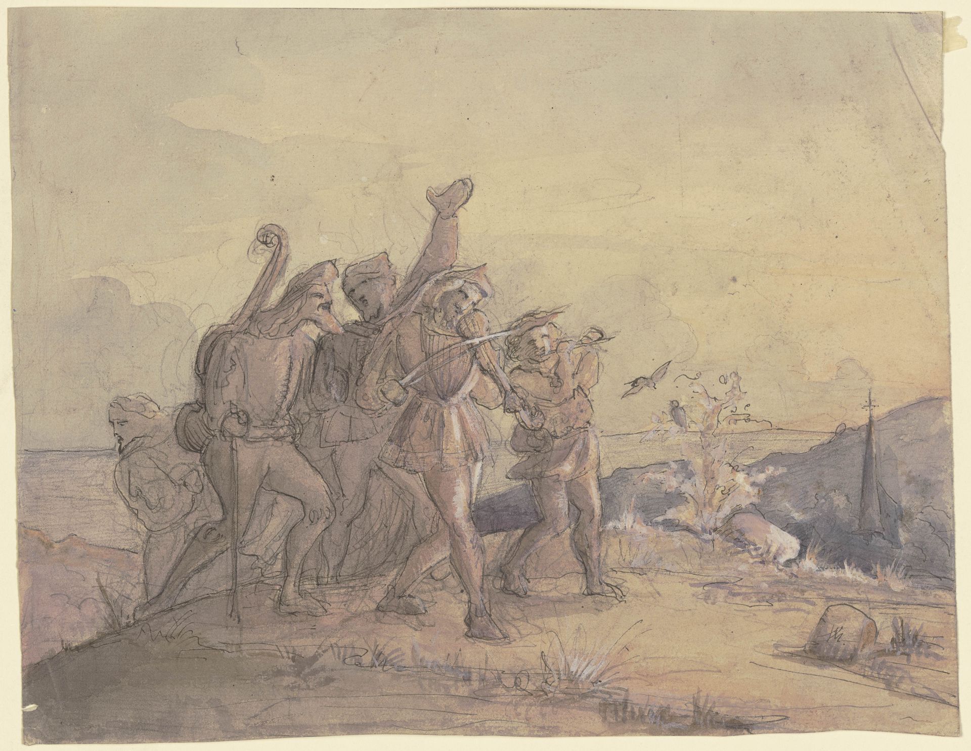 Eine Gruppe von Musikanten, durch eine Landschaft ziehend by Victor Müller