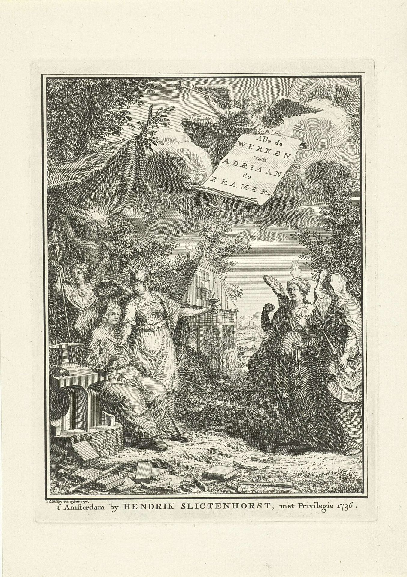 Minerva overhandigt de schrijfveer aan Adriaan de Kramer by Jan Caspar Philips