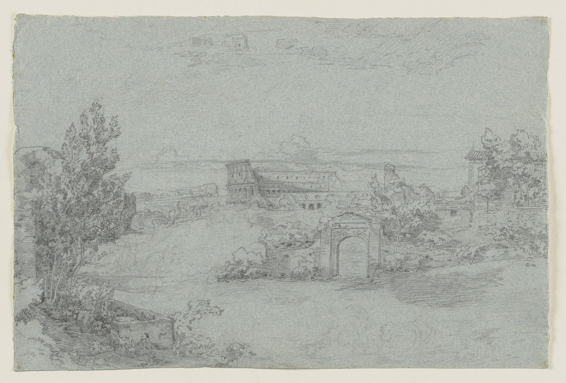 Landschaft mit Gebäuden und Ruinen, darunter der eines Amphitheaters by Ludwig Metz