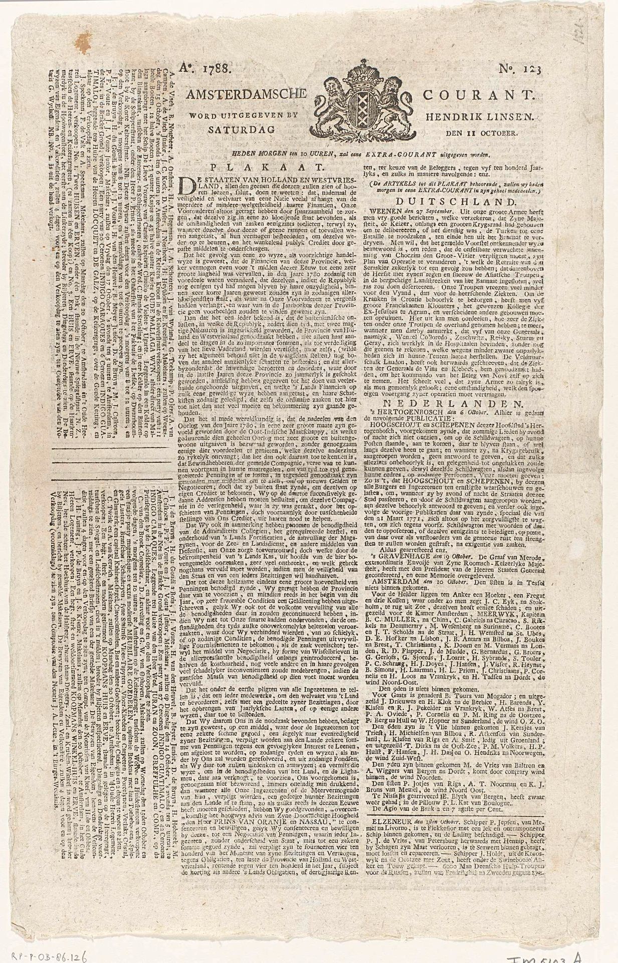 Amsterdamsche Courant van 11 oktober 1788 by Hendrik Linsen