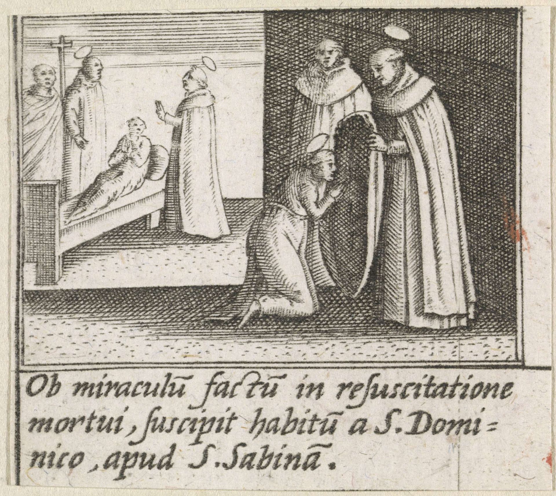 Heilige Hyacinthus van Polen geeft een onbekende heilige het habijt by Johann Sadeler I